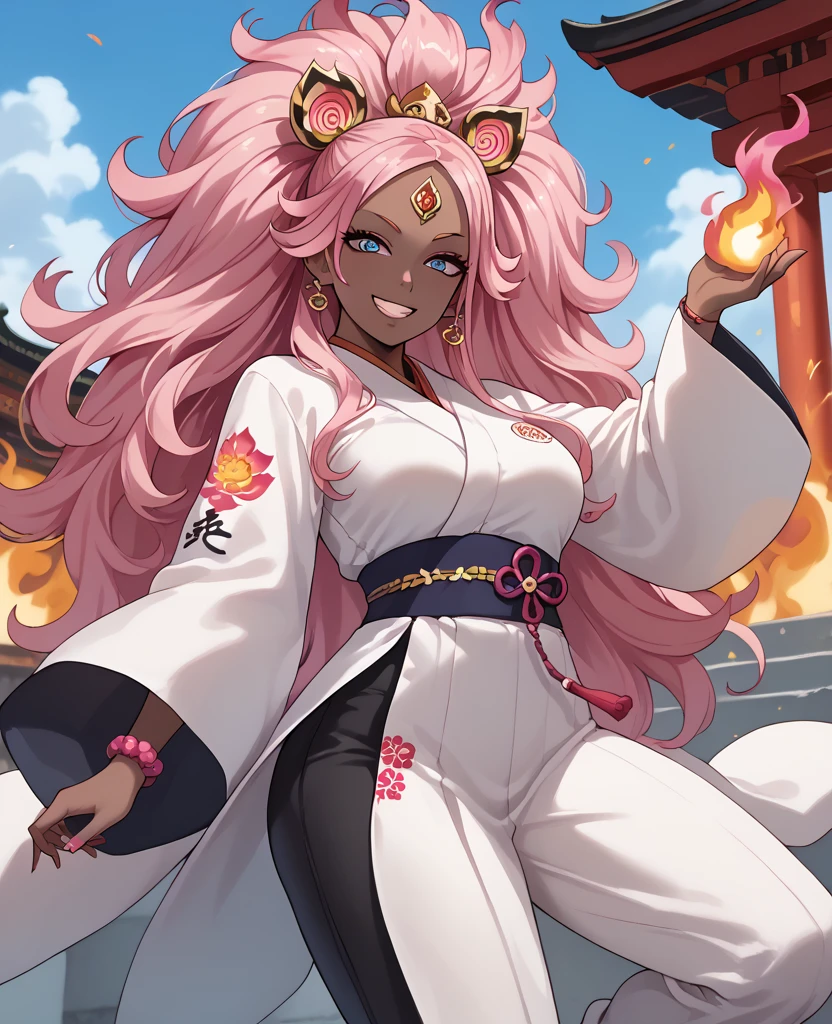 woman, flaming hair, black skin, anime style, pink fire powers, blue eyes, pink hair, third eye on forehead, long hair, sky, smile, gyaru style, eye on forehead, pink fire, chinese temple, big hair, medium breasts, traditional japanese clothing, full body