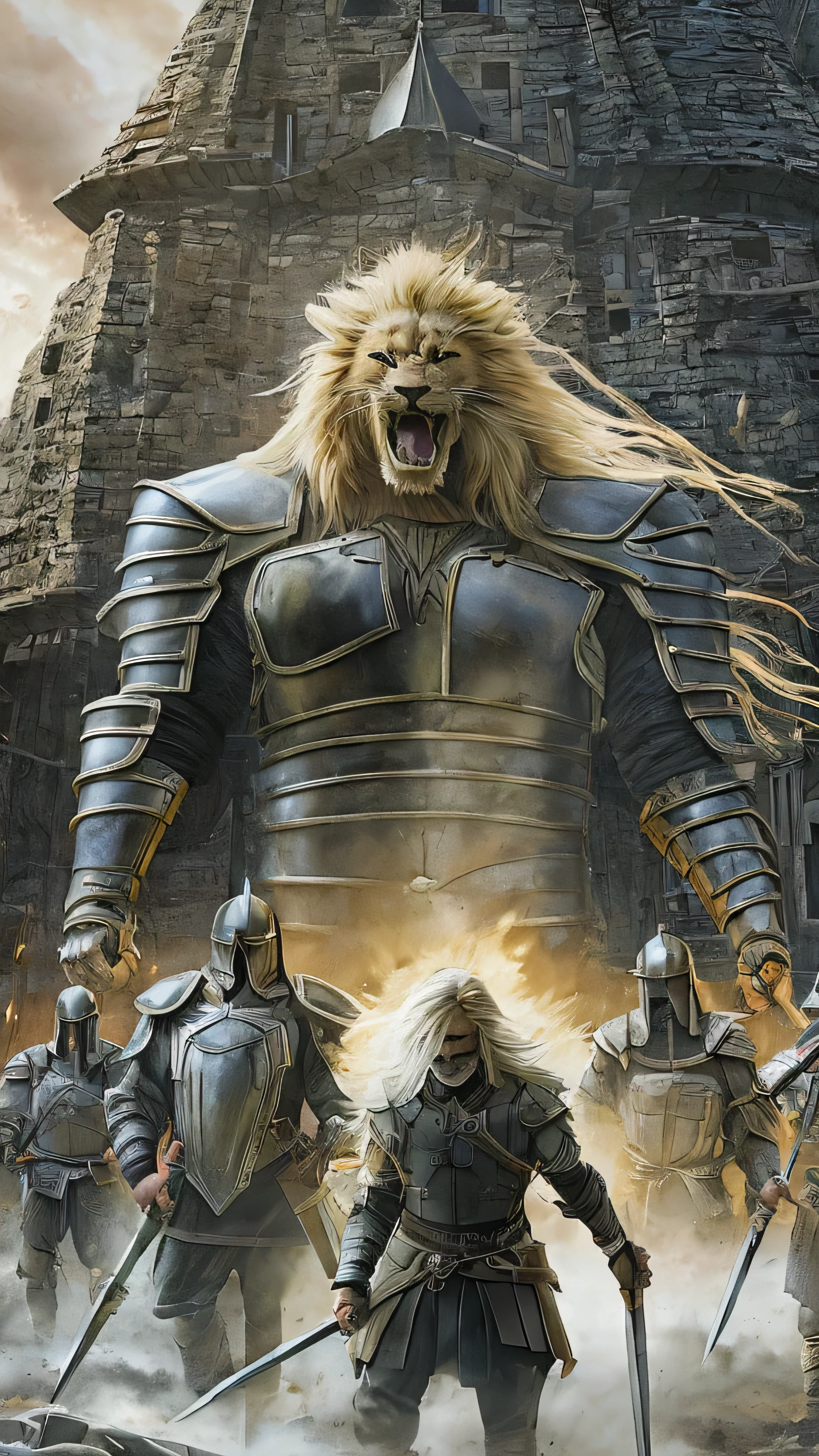  in high-definition images，lion heart、 blond hair, Silver Armor, Fighting Man、light bearer warriors, Medieval town,  dark, battlefield, amazing, war,  surrealist , 8k,  super detailed , war, battlefield against demons,  darkness,  horror,