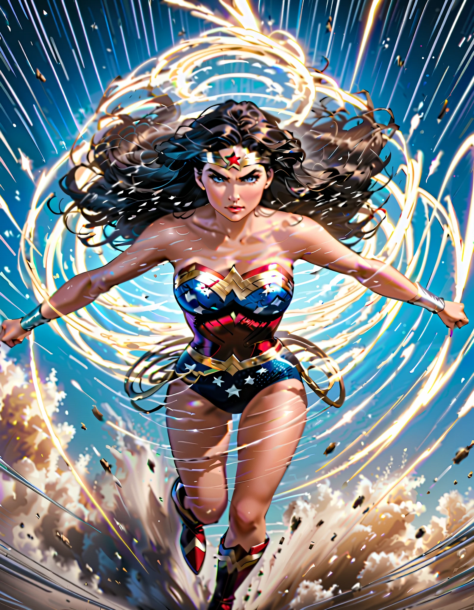 masterpiece, best quality, high res, Wonder Woman whirls into a tornado, she (cyclone spinning), she spins at super speeds, dynamic standing whirl pose, (leotard, bare legs, boots), fix hands, speed lines around her, spiral lines around her, wonder woman twirl. (fast spin, dynamic whirl pose, spins fast in place like a tornado, whirls fast in place like a tornado, tornado whirling, spiral lines around her, speed lines around her, spinning energy pulse around her, storm winds around her, whirls into a tornado, (she whirls) at (super speeds)). full body costume design. curved sword slash. she super-spins, whirlwind, light particles.