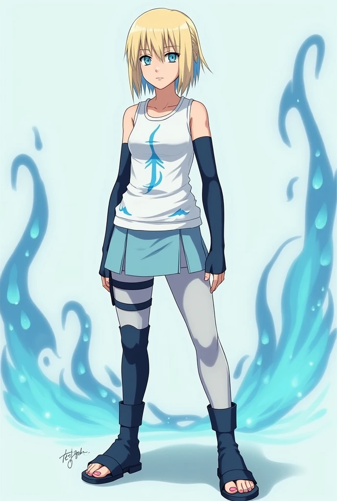 ( One Asian girl ) ( Inverted Bob White hair ) ( White hair ) ( Black color long hoodie black ) ( hoodie black color ) ( standing with her back turned Blue fire background )
