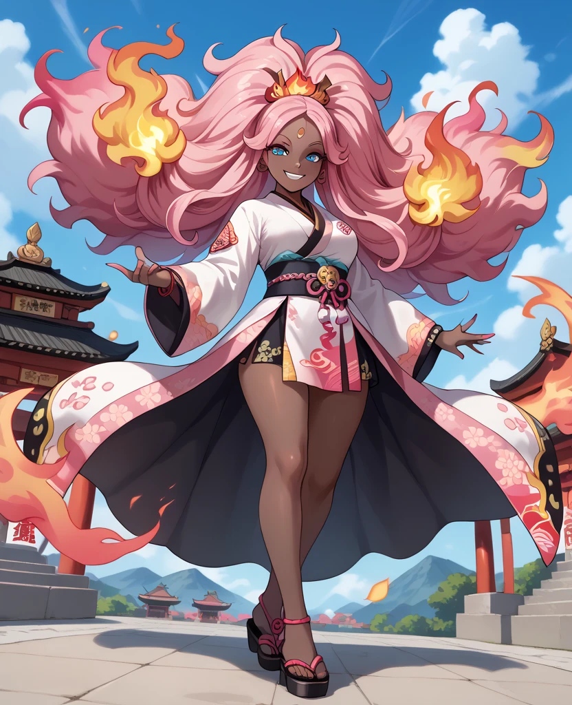 woman, flaming hair, black skin, anime style, pink fire powers, blue eyes, pink hair, third eye on forehead, long hair, sky, smile, gyaru style, eye on forehead, pink fire, chinese temple, big hair, medium breasts, traditional japanese clothing, full body, goddess, pink flames