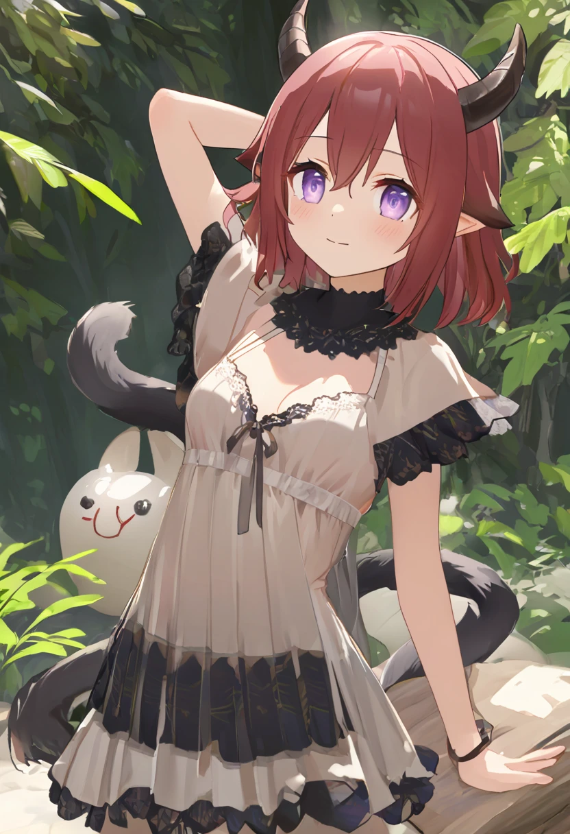  top quality 、 One Girl 、Devil horns and tail、Cute single tusk、Shiny red hair、 short hair、 purple eyes、 in the woods、The sun shines in、 slender body、Slender legs、Tiny breasts、 black fur ankles and wristlets、 stomach are exposed、Bad Smile、blush