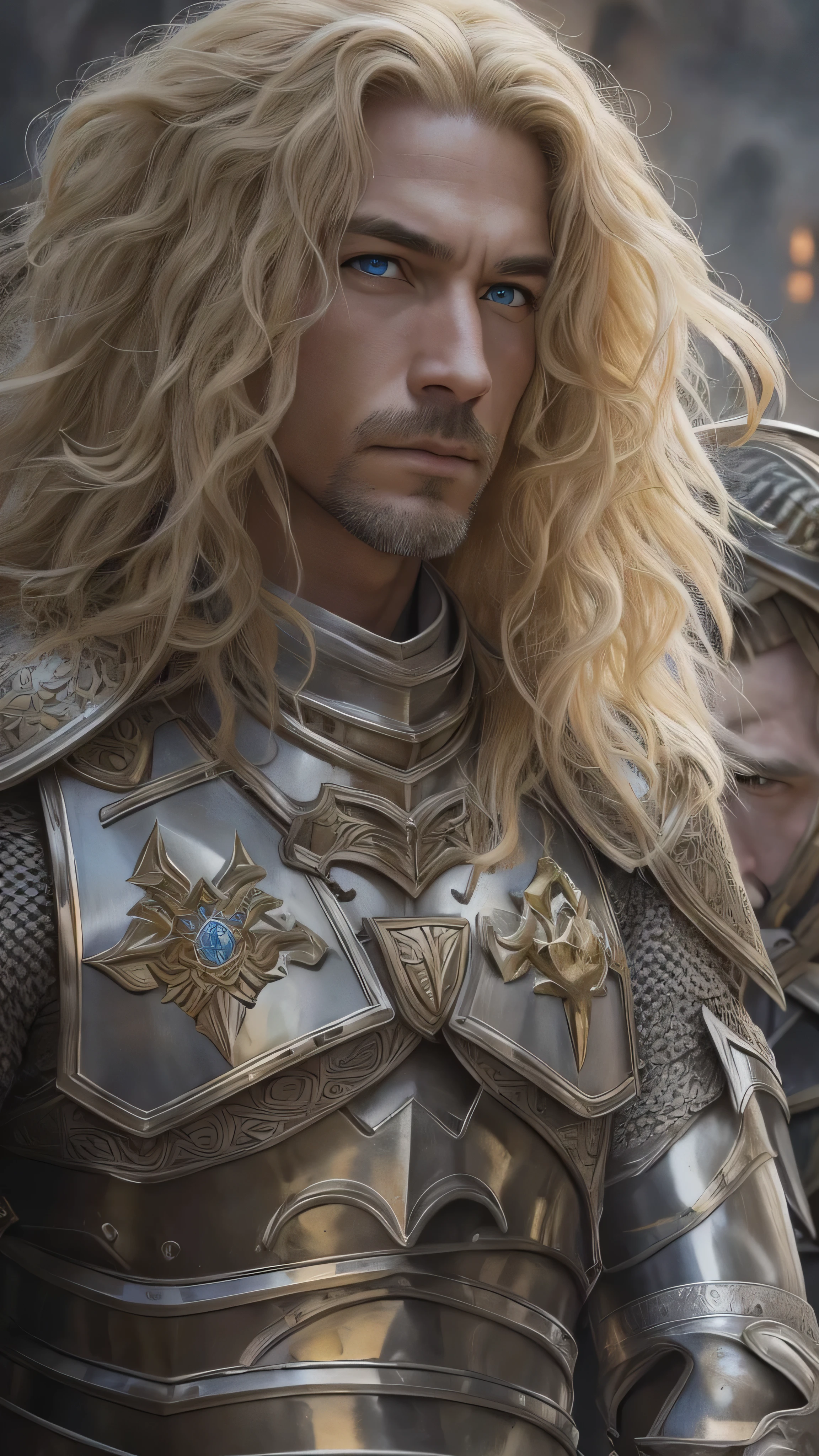  in high-definition images，lion heart、 blond hair, Silver Armor, Fighting Man、light bearer warriors, Medieval town,  dark, battlefield, amazing, war,  surrealist , 8k,  super detailed , war, battlefield against demons, 