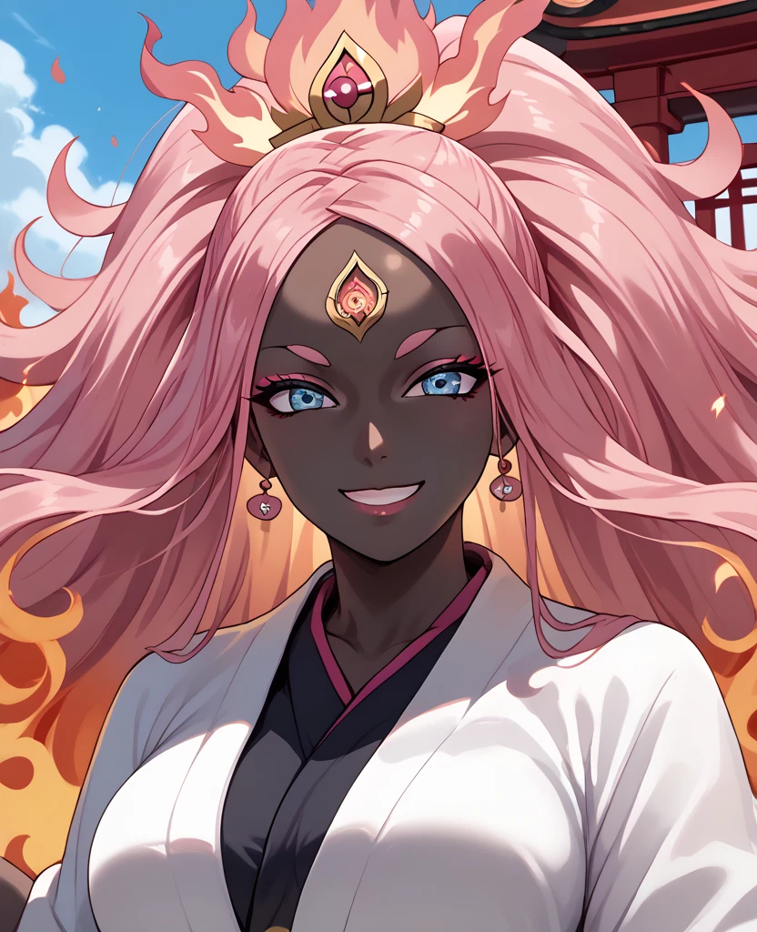 woman, flaming hair, black skin, anime style, pink fire powers, blue eyes, pink hair, third eye on forehead, long hair, sky, smile, gyaru style, eye on forehead, pink fire, chinese temple, big hair, medium breasts, traditional japanese clothing, full body, goddess, pink flames