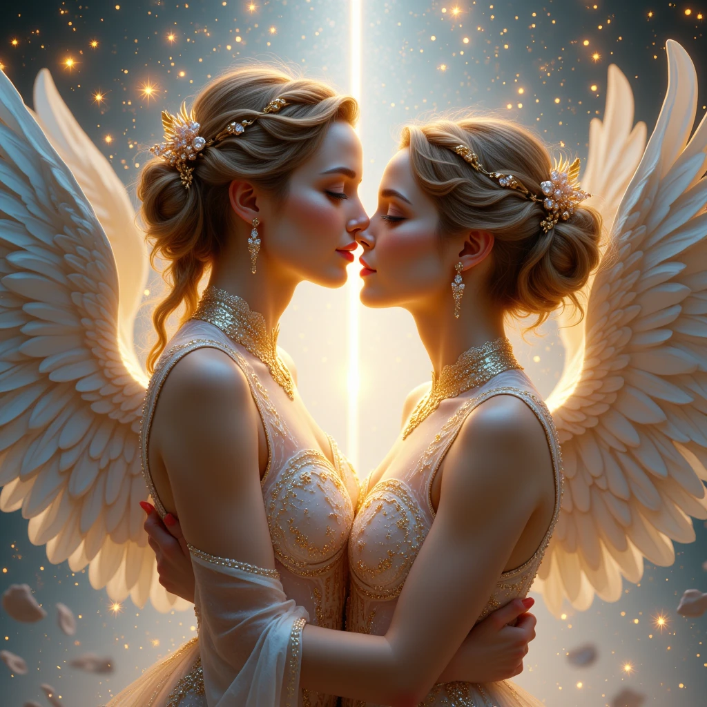 "A heavenly realm filled with ethereal light and celestial beauty. Souls, depicted as glowing, ethereal beings, are shown merging with their newly glorified bodies, which are strong, radiant, and imperishable. The scene is filled with divine light, with the presence of angels in the background, celebrating this miraculous event. The setting is imbued with a sense of peace, joy, and eternal bliss, highlighting the perfection and divinity of the glorified bodies ready for eternal life."