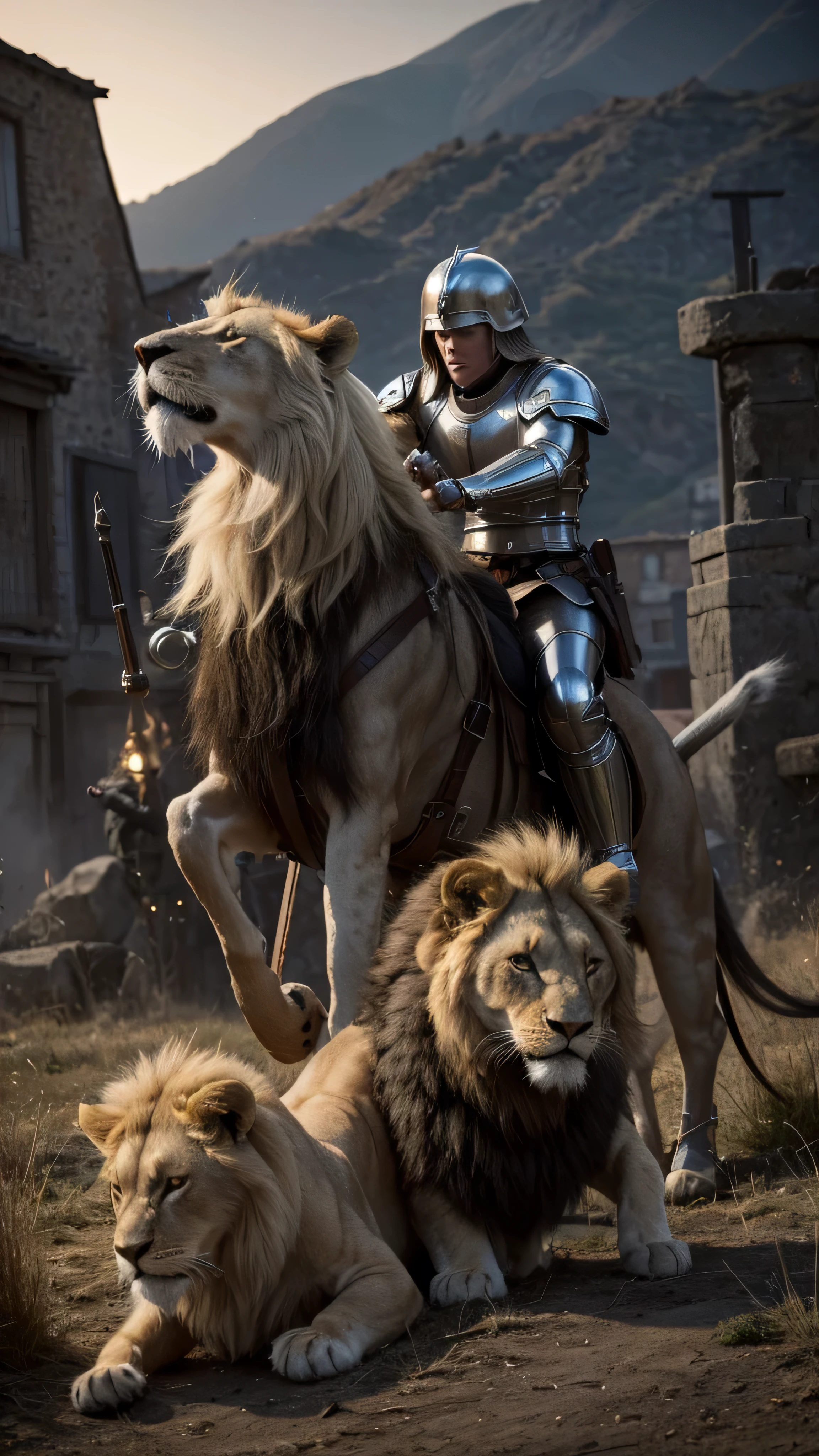  in high-definition images，lion heart、 blond hair, Silver Armor, Fighting Man、light bearer warriors, Medieval town,  dark, battlefield, amazing, war,  surrealist , 8k,  super detailed , war, battlefield against demons, 