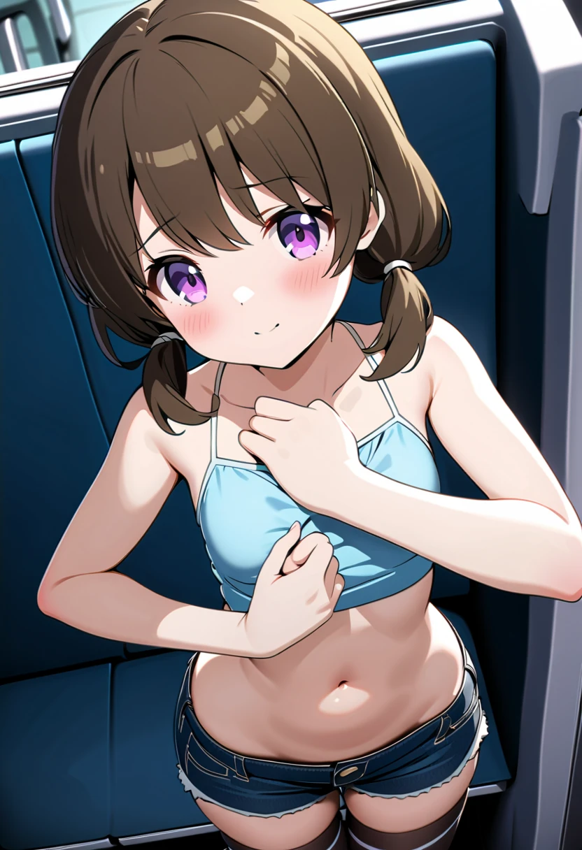 ,blue sky,cloud,In the car,Lying on your back,,1 Girl, Red eyes, Twin tails, brown hair,((顔 focus)),upper body,Navy blue school swimsuit, undressing,pussy,Breast flash,bangs, eyebrows visible through hair, Small breasts,1boy,,cum in pussy,