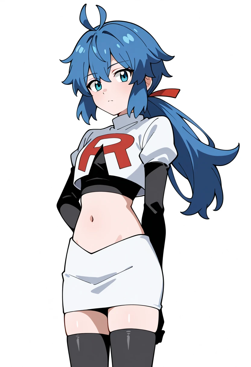 masterpiece, best quality, konata ,smug smile ,team rocket,team rocket uniform,white skirt,red letter R,crop top,black thigh-highs,black elbow gloves, pose