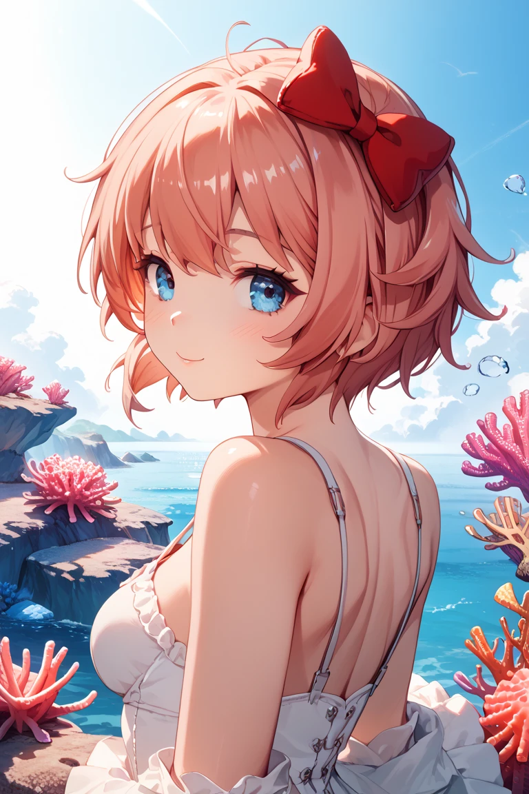 (4k quality, beautiful face, cute drawn anime), sayori, coral hair, blue eyes, red bow, short hair, show ass, horny