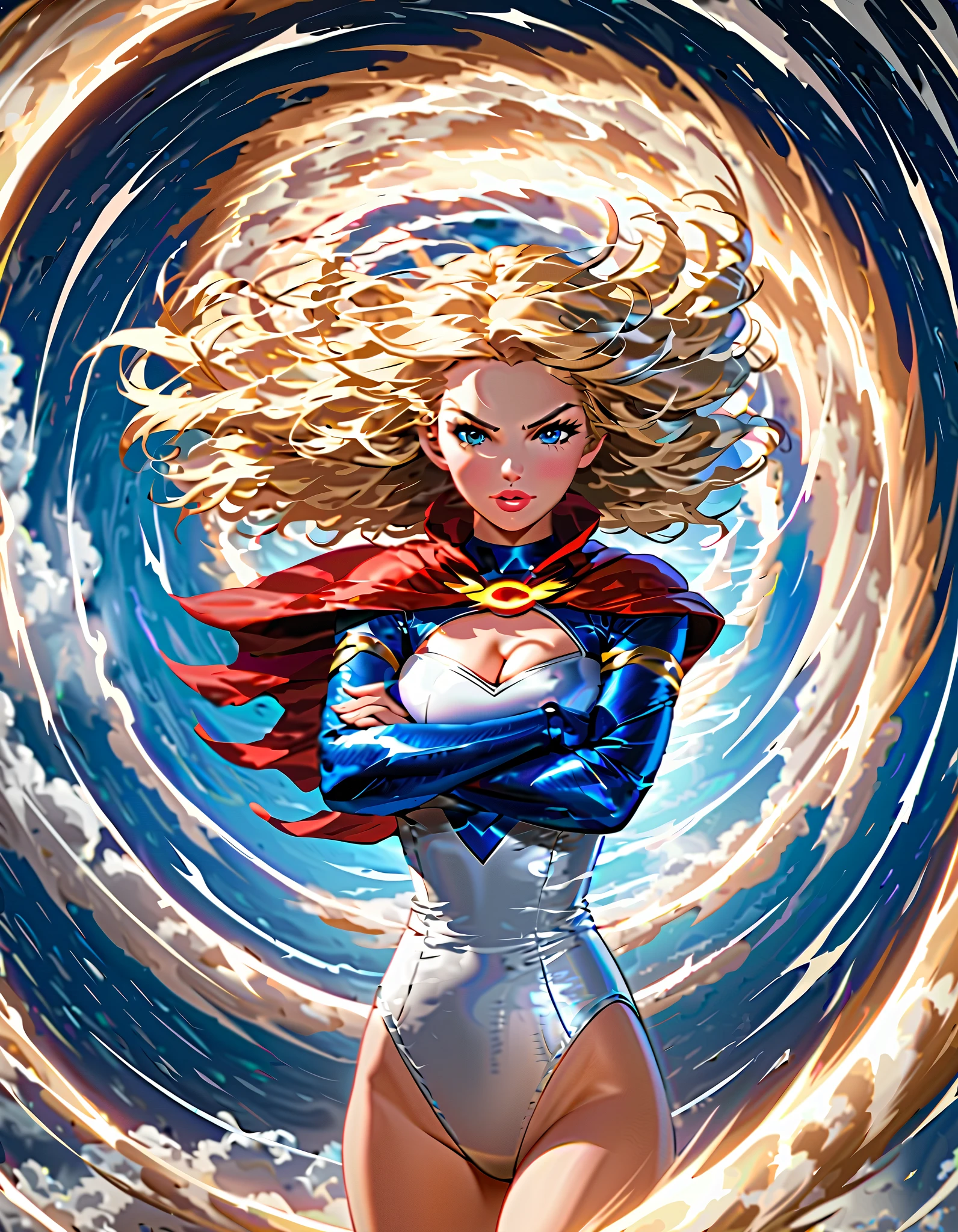 powergirlSDXL,1girl,short hair,blue eyes,blonde hair,large breasts,gloves,cleavage,thighs,belt,cape,leotard,lips,clothing cutout,highleg,cleavage cutout,highleg leotard,white leotard,red cape,blue gloves,superhero. (fast spin, dynamic whirl pose, spins fast in place like a tornado, whirls fast in place like a tornado, tornado whirling, spiral lines around her, speed lines around her, spinning energy pulse around her, storm winds around her, whirls into a tornado, (she whirls) at (super speeds)). full body costume design. she super-spins, whirlwind, light particles—space background. (Standing straight, crossed arms), extreme wind, whirlwind, hurricane, air and tornado theme, spiral.