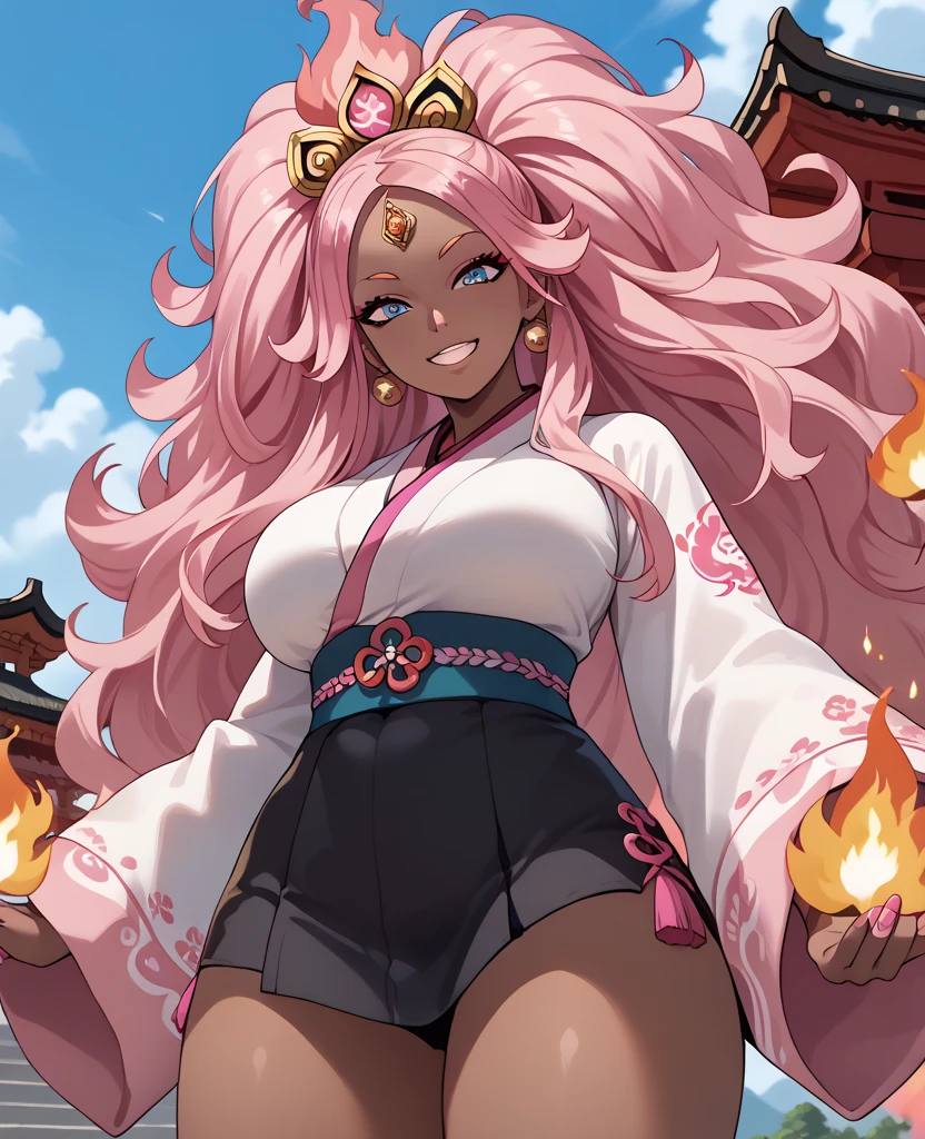 woman, flaming hair, black skin, anime style, pink fire powers, blue eyes, pink hair, third eye on forehead, long hair, sky, smile, gyaru style, eye on forehead, pink fire, chinese temple, big hair, big breasts, traditional japanese clothing, full body, goddess, pink flames, adult