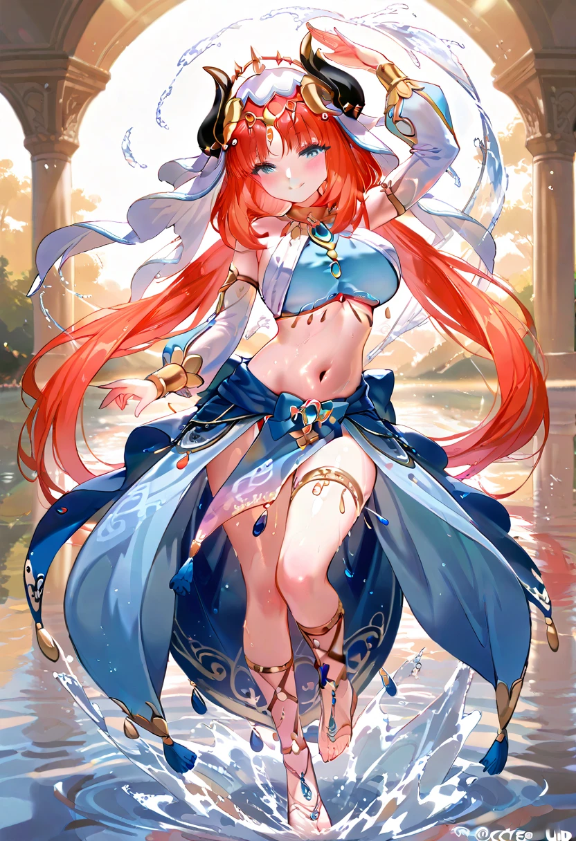 masterpiece, best quality, big breasts, Shiny Hair, Glowing Skin, blush, nilou, whole body, Dancer, lake, Splash, smile, 1girl, solo, horns, Veil, navel, full body