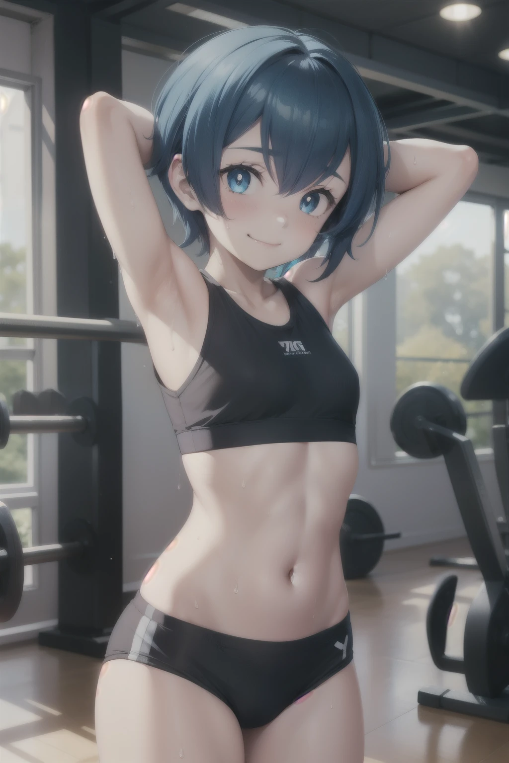 Anime style, 1 girl , Lana , young girl , skinny body ,solo , short blue  hair ,sweat , flat chest ,sport bra ,  smug face smile , blush, pantie , standing,  gym .