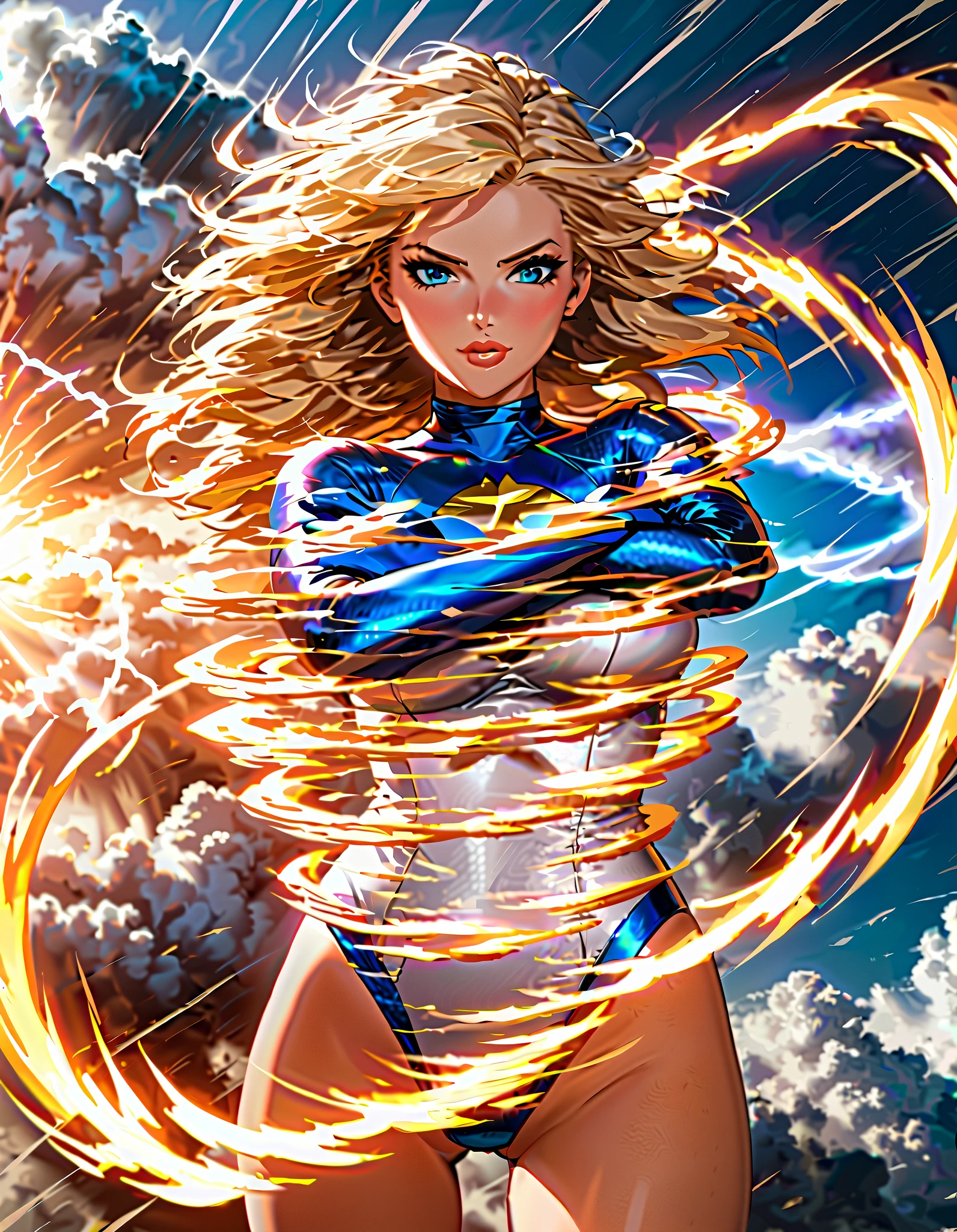 powergirlSDXL,1girl,short hair,blue eyes,blonde hair,large breasts,gloves,cleavage,thighs,belt,cape,leotard,lips,clothing cutout,highleg,cleavage cutout,highleg leotard,white leotard,red cape,blue gloves,superhero. (fast spin, dynamic whirl pose, spins fast in place like a tornado, whirls fast in place like a tornado, tornado whirling, spiral lines around her, speed lines around her, spinning energy pulse around her, storm winds around her, whirls into a tornado, (she whirls) at (super speeds)). full body costume design. she super-spins, whirlwind, light particles—space background. (Standing straight, crossed arms), extreme wind, whirlwind, hurricane, air and tornado theme, spiral.