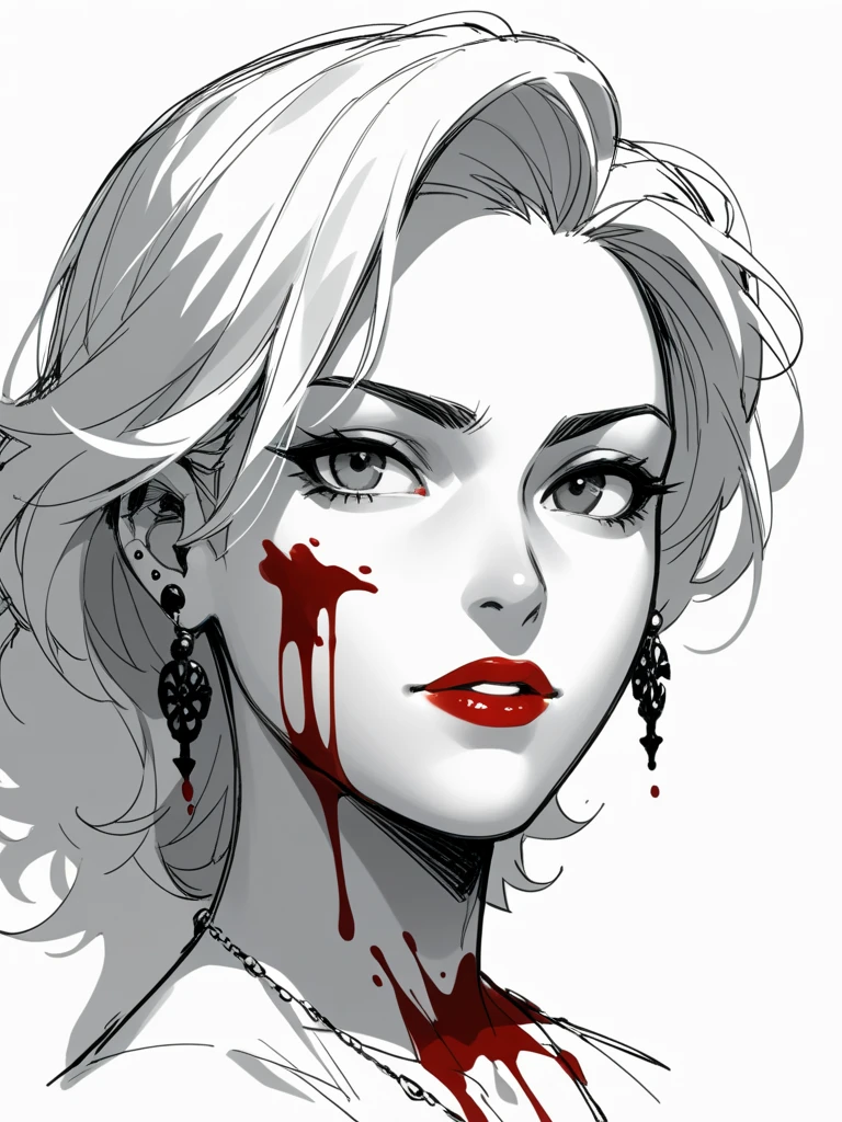 film noir style, ink sketch |vector, woman,  red lips,  very detailed ,  sharp focus, Ultra ,  monochrome,   high contrast ,  dramatic shadows ,  1940s style sharpness, Mysterious, cinematic