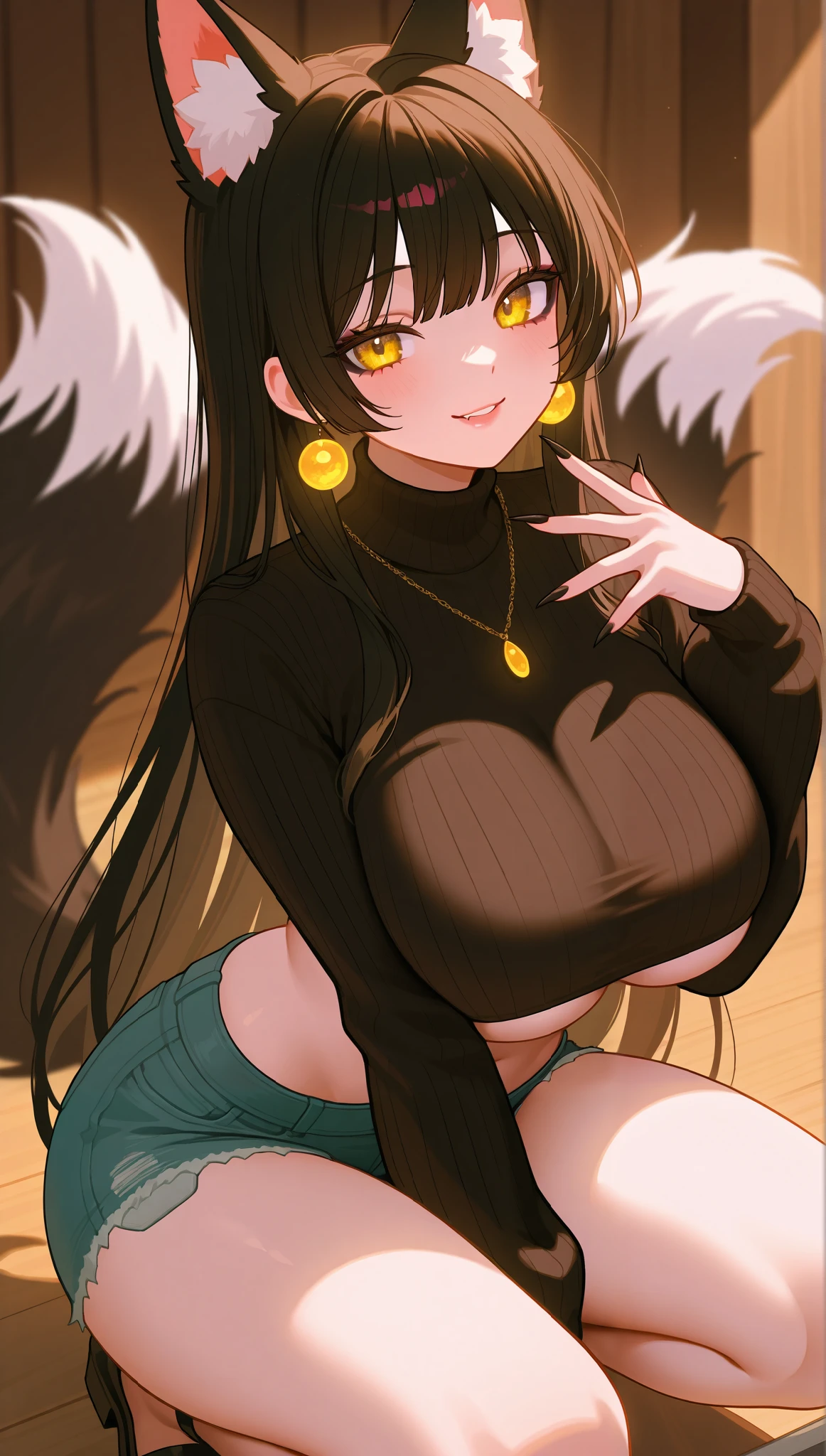 (masterpiece), (portrait), big breasts (aesthetics), ((1 female 21 years old)), Highlight earrings), ((long hair)), ((Hot crystal black hair)), ((Wolf-girl, tails)) straight hair, thin eyes open, cold look, yellow eyes, cute, naughty, mischievous smile, lane, woman, feminine, beautiful, female features, top, high quality, aesthetic clothing, professional angle, (rule of thirds), (feminine), , (beautiful) , (female), solo, (Korean attractive), summer, (ink haze), (afternoon), (vibrant light), seductive posture, ((face looking forward))), Wolf-girl, sweater top, half underboob, denim shorts, shows sharp claws, fashionable extravagant clothes, mischievous smile, sensual ((Energy, fuzzy ears, fuzzy tails)), (Bold Makeup), (big Breasts), Fair Skin, (Clothes with Hip Hop Details), (a hot Wolf-girl, sculptural body, sexy pose), (Sleep Neckline), Beautiful Hands, Body beautiful, beautiful ears, beautiful eyes, bright eyes, beautiful mouth, beautiful lips, in the barn, squatting