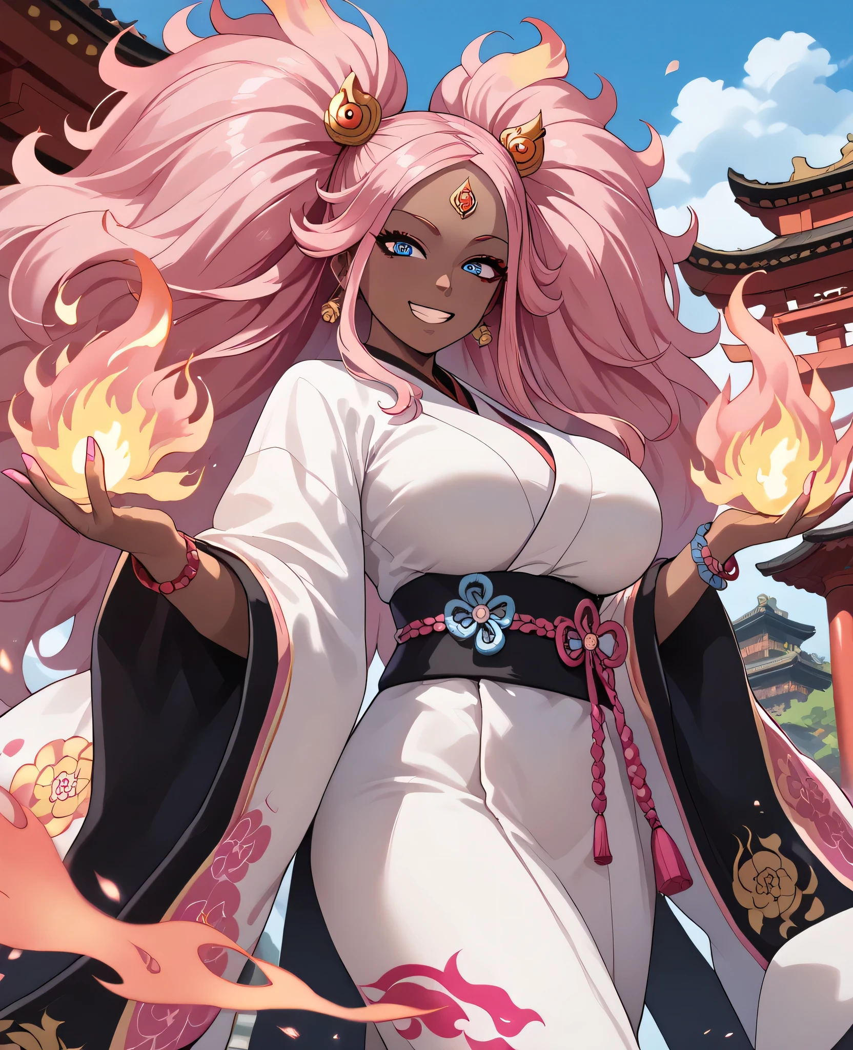 woman, flaming hair, black skin, anime style, pink fire powers, blue eyes, pink hair, third eye on forehead, long hair, sky, smile, gyaru style, eye on forehead, pink fire, chinese temple, big hair, big breasts, traditional japanese clothing, full body, goddess, pink flames, adult