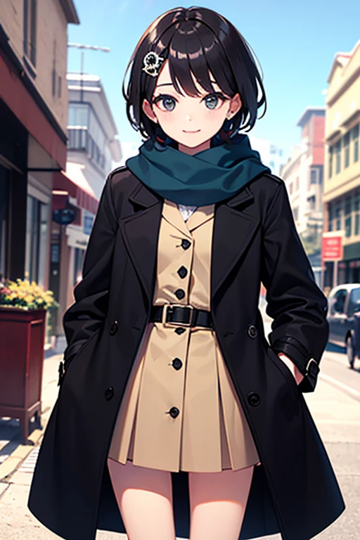  highest image quality taken by Ki、whole、 black hair、 black eyes、 short hair、 girl、 cute、 private clothes、Winter clothes、 Trench Coat 、Scarf around the neck、 fashionable、 skirt、Around town、Petite、 small hair ornament、1 person、 happy expression、 punch