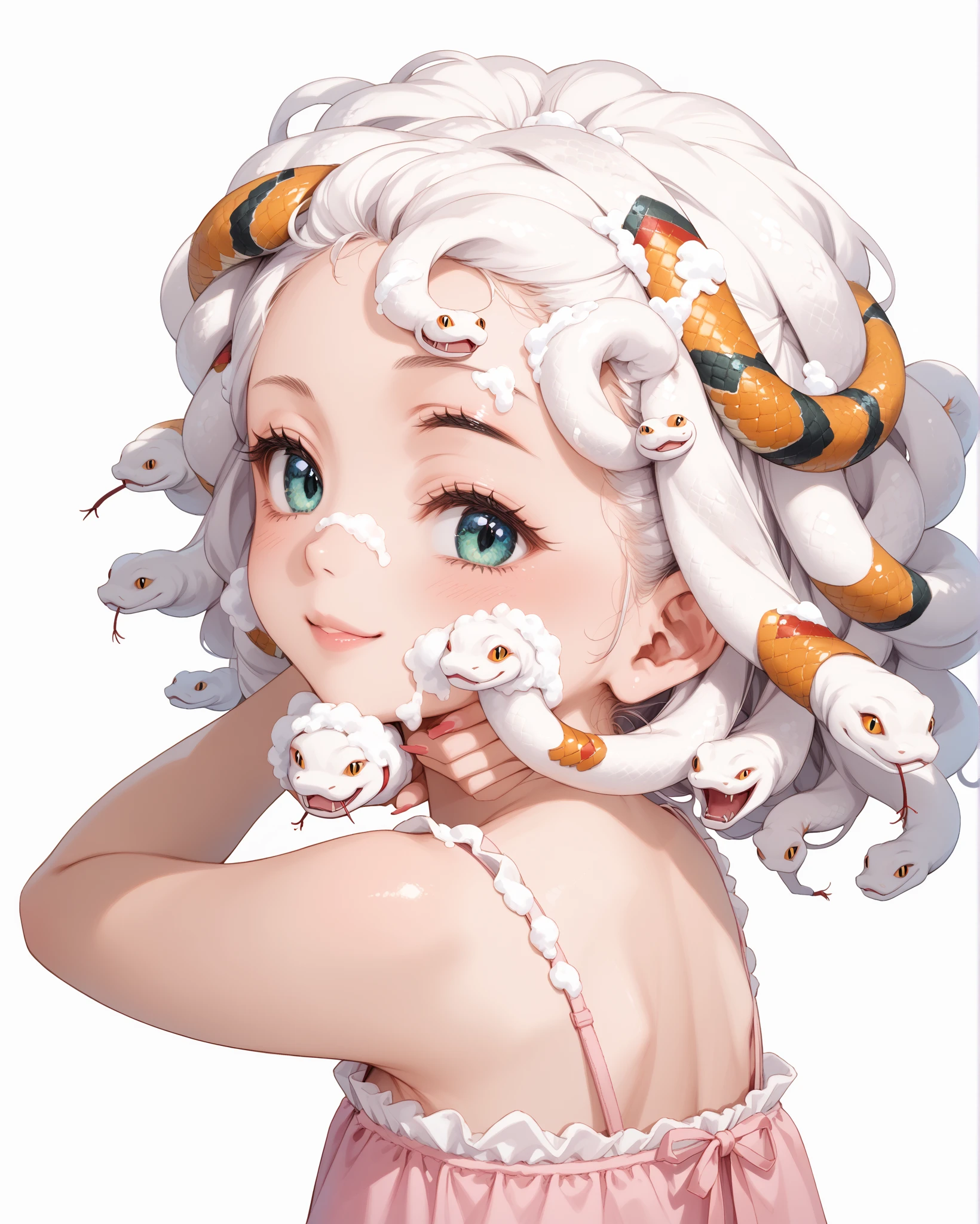 Japanese anime style illustration, kawaii,, 
snake hair,  white form on head, jewelry, cute girl smiling, wink, pastel pink camisole, head of hair all numerous snakes, from side, looking back at viewer, Washing hair with both hands above the head，Realistic foam, Foam envelops the beauty's entire head，
There is a lot of foam on the head，hands on snake-hair, (rich lather, Lots of shampoo foam, snakes covered in foam, snakes with pained face) ,close-up, simple Background,