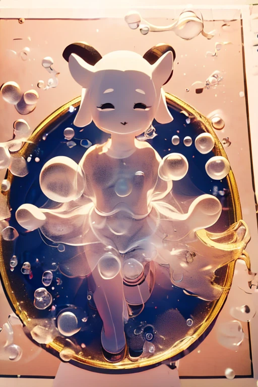  minimal illustration ,  girl with white goat face, bubbling soap bubbles ,  golden circle, Expression that has faded, Sepia, faint coloring 