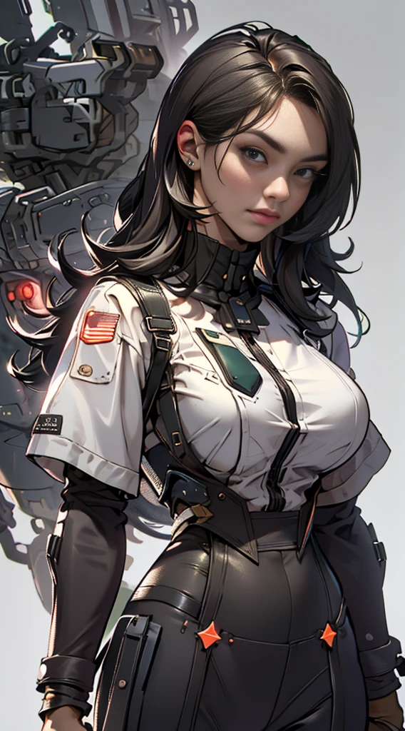 (((Best quality at best: 1.4))),(无与伦比的tmasterpiece), (hyper HD),(Hyper-realistic 8k CG)、（深色the hair） ((( body))), (((1 girl in))), 25-year-old American soldier with perfect body,,Beautiful and well-groomed face,muscular body:1.2,detailed solid color jacket, (Pictures from head to thighs)， Complex equipment, Dark Green，long trousers，Close-fitting clothes are dark，With white stars and off-white stripes,,,,,Metal electronic parts for armor, Poison tattoos )(tmasterpiece, Best quality at best at best,:1.2), 1 Sister, (Alone:1.3), The upper part of the body, white  shirt, short- sleeved, , (dead, actual, reallife, Abnormally big breasts, Best-aesthetic, new, newest, Best quality at best at best, tmasterpiece:1.2), Soft_lamplight, Soft_skin_ton, femele_the hair, (白ackground with,  Background with,:1.2),