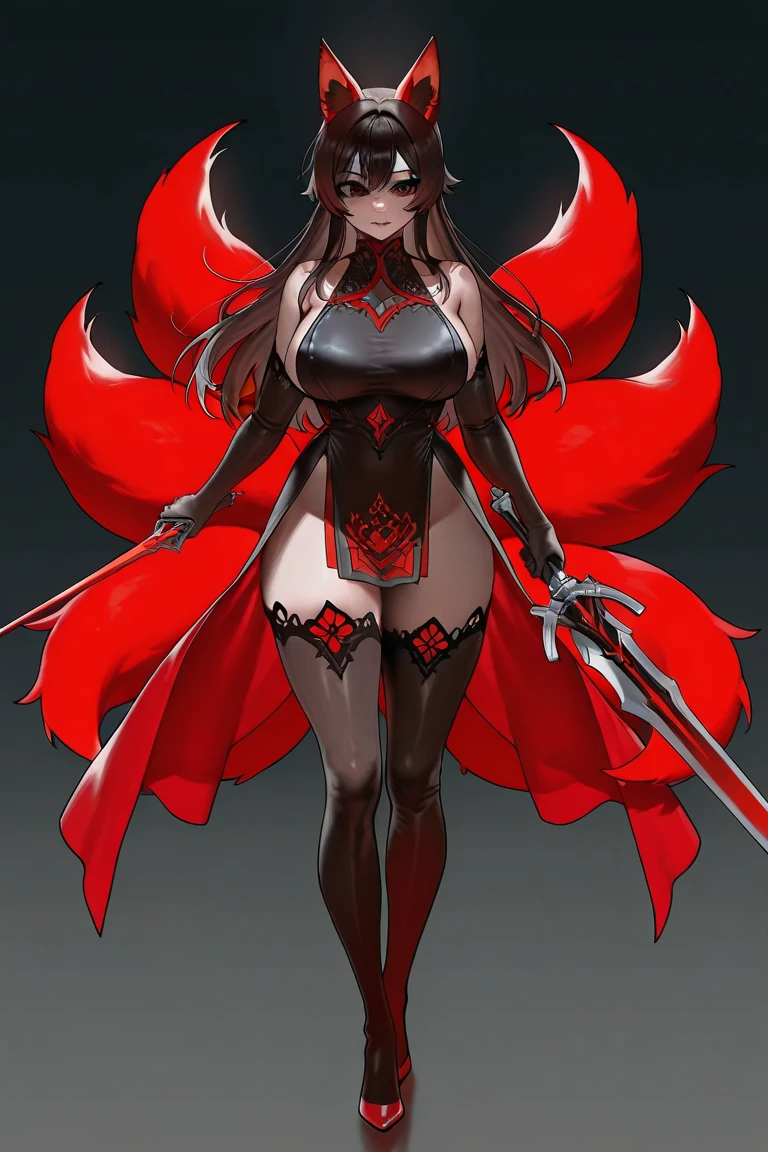 Woman with crimson red eyes, short brown black hair, Foxian tails, large breasts, black leotard dress with dark red transparent organza fabric, thigh highs, dark and cunning look, European foil sword, full body