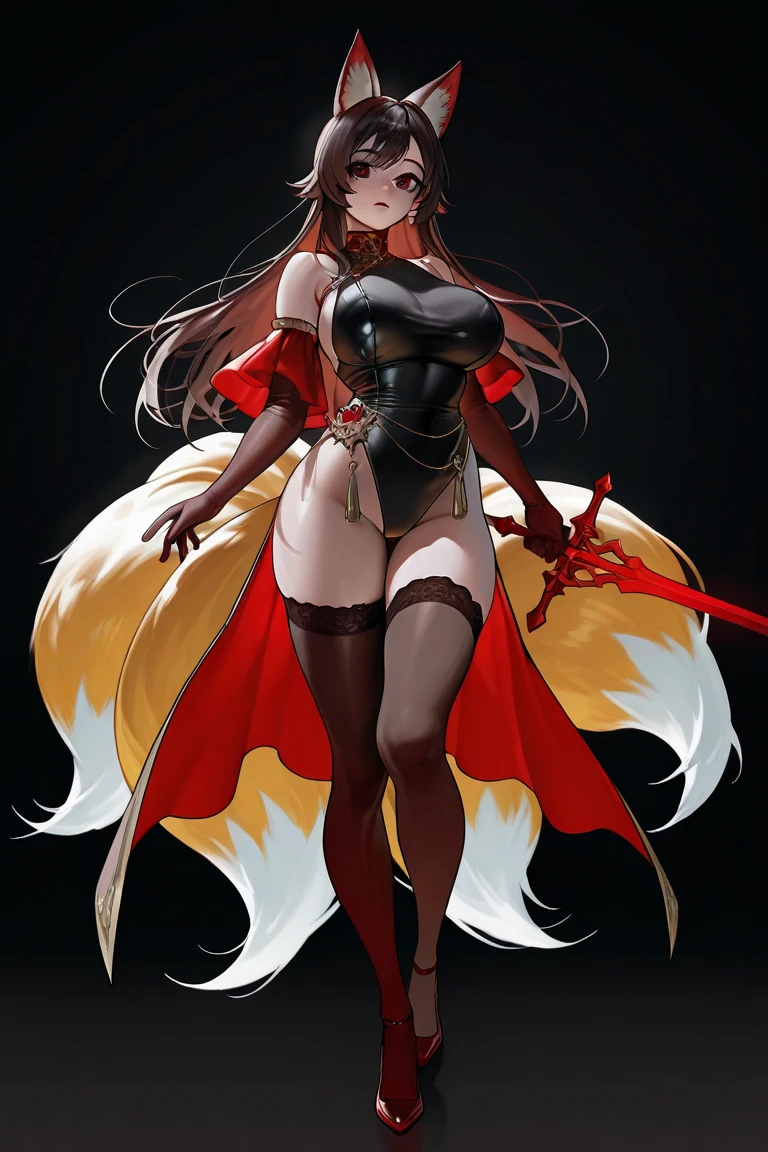 Woman with crimson red eyes, short brown black hair, Foxian tails, large breasts, black leotard dress with dark red transparent organza fabric, thigh highs, dark and cunning look, European foil sword, full body