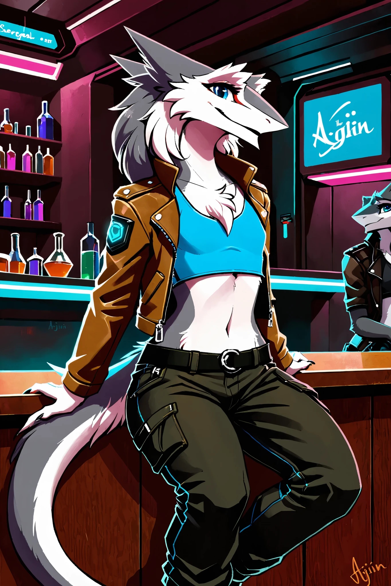 in the style of ajin, female sergal, solo, grey fur, blue eyes, dark stripe on nose, wearing a brown leather jacket over a tank-top, leather jacket, black cargo pants, flat chested, in a sci-fi bar, fluffy chest fur, sitting on the bar