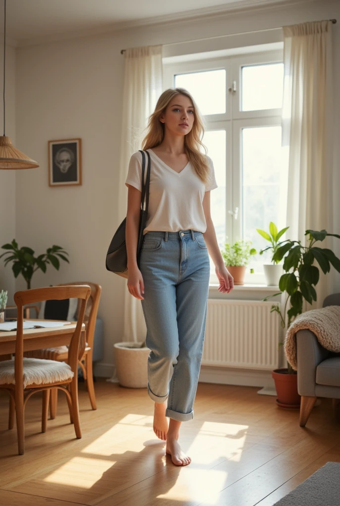 26 years old blonde swedish women walking in apartment