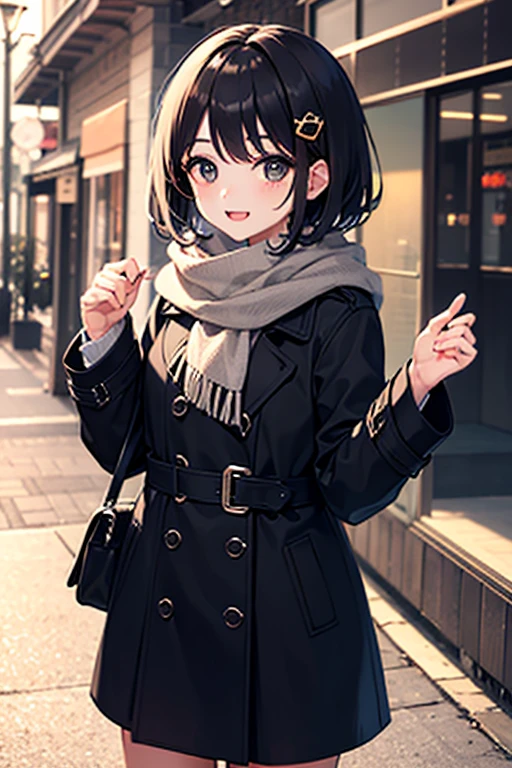  highest image quality taken by Ki、whole、 black hair、 black eyes、 short hair、 girl、 cute、 private clothes、Winter clothes、 Trench Coat 、Scarf around the neck、 fashionable、 skirt、Around town、Petite、 small hair ornament、1 person、 happy expression、 punch