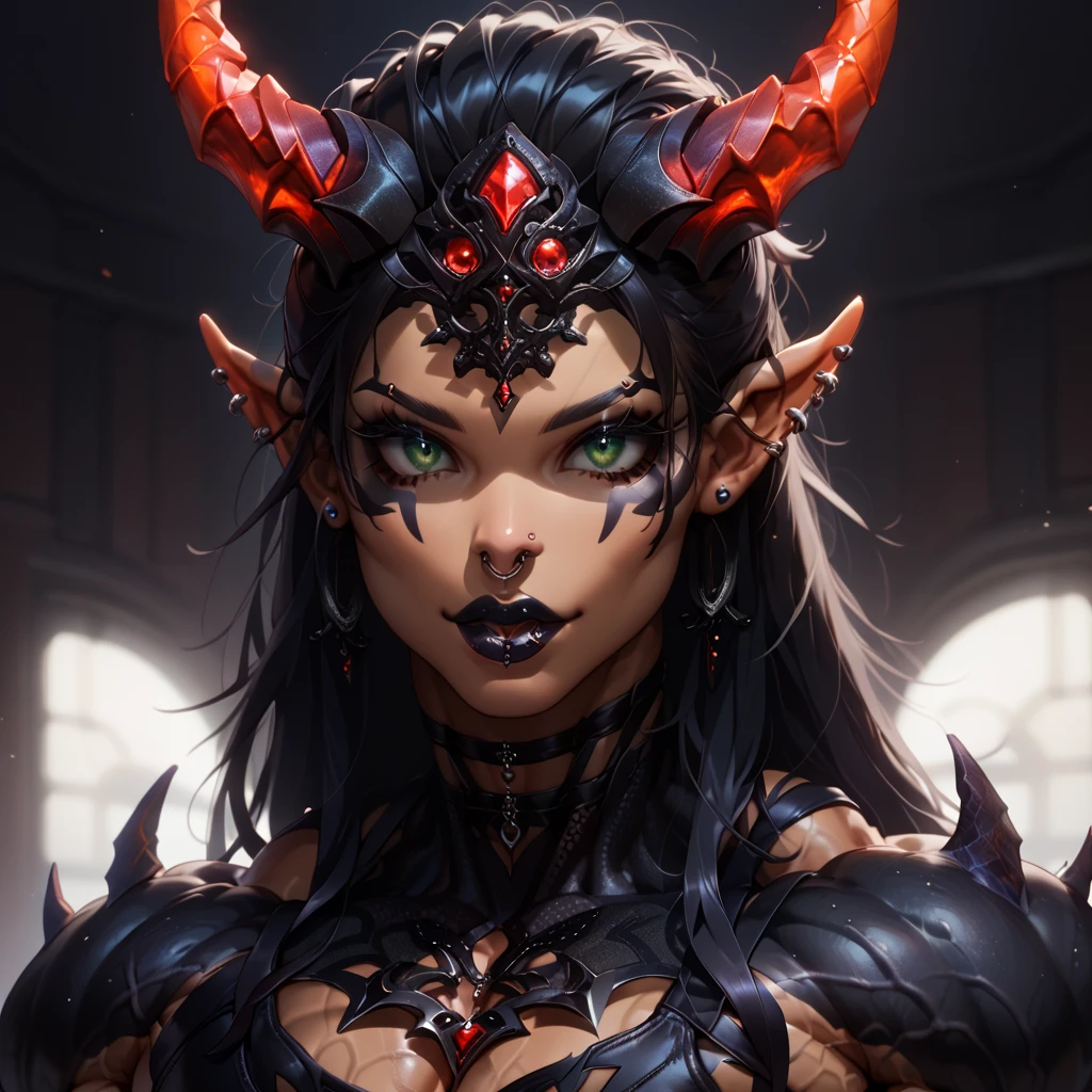 (masterpiece) (best quality) (detailed) (8k) (sharp focus), 1 female devil, red skin, horns, creepy, anime style 
