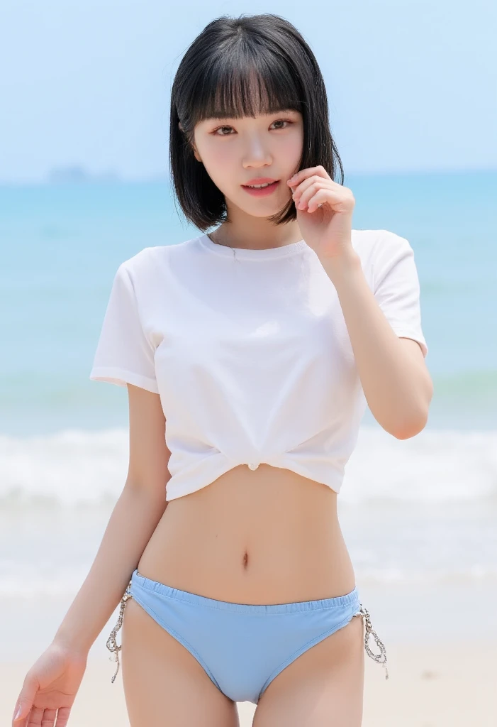 1 woman, idol, short hair, brown hair, sea, white mini t-shirt, I can see my underboob, G-pan is torn, 18 years old, smile, V sign