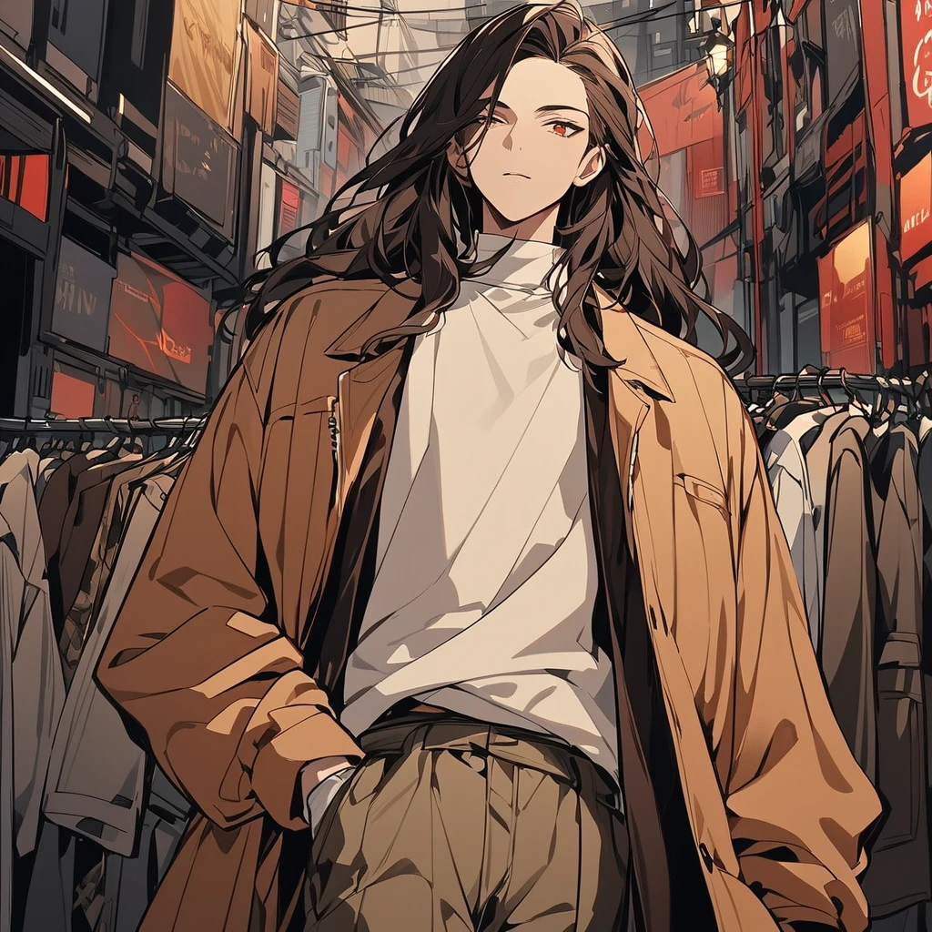 Create an artwork of a male human character,  a light brown skin tone with a slight warm glow. with long hair blending deep red and dark brown colors. He should be dressed in a contemporary urban outfit, featuring modern and stylish elements. A brown jacket, underneath wears a beige turtleneck shirt, I also wore black cargo pants. The character should exude a sense of confidence and charisma. The artwork should focus on smooth, detailed lines, capturing the texture of his hair and the fabric of his clothing. The background should be minimalistic to ensure the character stands out prominently."