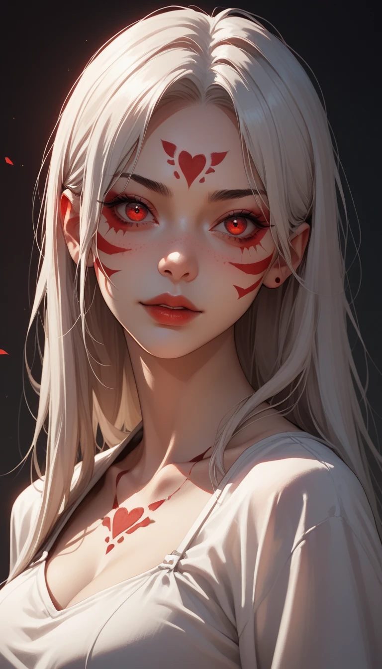 ghost, demon girl, scar on face, gray hair, detailed, bright (red skin:1.5), bare shoulders, tattoo, forest night, sitting on a rock, detailed health, movie lights,