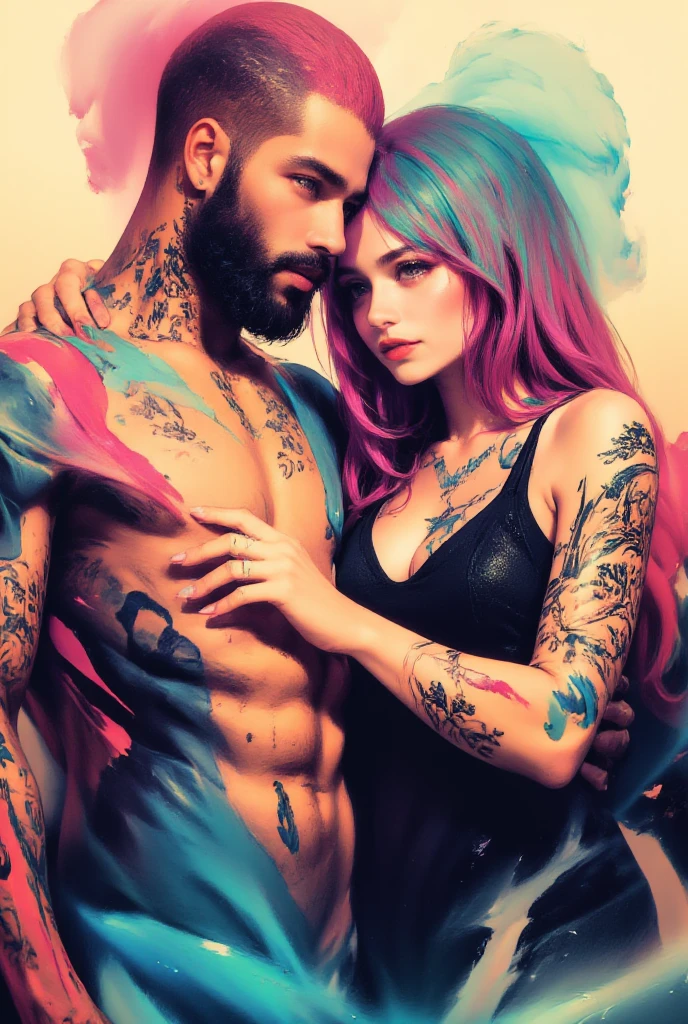 A surreal and vibrant portrait of an intimately entwined couple, a bearded man and an woman,their bodies adorned with intricate, colorful tattoos, set against an ethereal and dreamlike background with swirling mist patterns. Soft lighting highlights their expressions, conveying deep emotional connection. Their striking hairstyles: one with vivid pink hair and the other with a blue hue. Artistic paint flows over their skin, blending with the tattoos and adding an abstract touch to the composition.