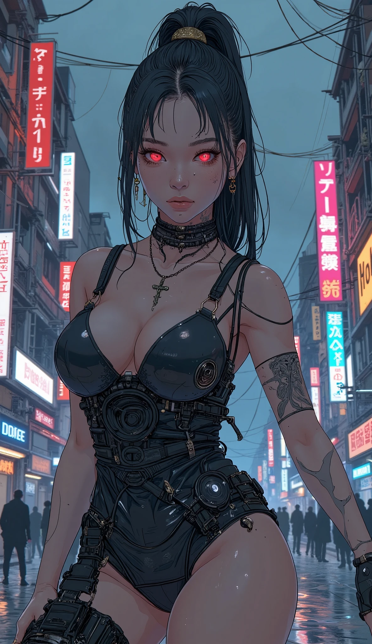 a curvy gothic girl, large breasts, slim waist, neon latex, crucifix, cyberpunk city, anime style, simple lines, (best quality, 4k, 8k, highres, masterpiece:1.2), ultra-detailed, (realistic, photorealistic, photo-realistic:1.37), vivid colors, HDR, UHD, studio lighting, ultra-fine painting, sharp focus, physically-based rendering, extreme detail description, professional, bokeh