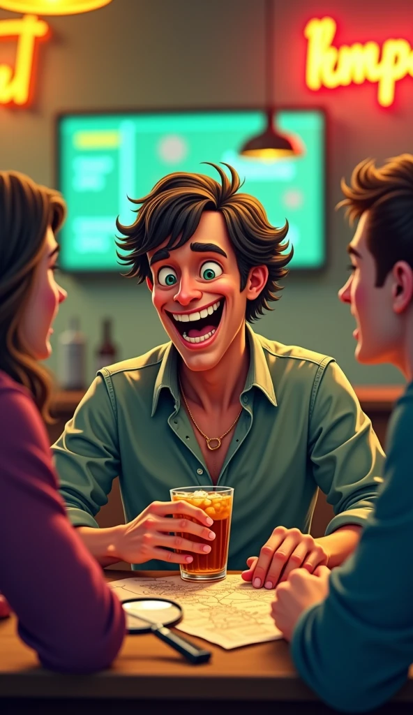 A cartoonist AI image of man who is drink alcohol with a laughing face with a background of his room 