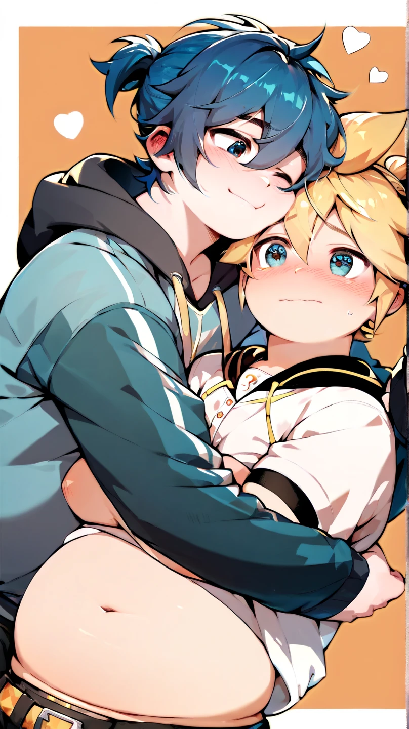  2boys, (yaoi couple), (male ren), (duo focus), hugging each other, Break, Kagamine Len, cute, hoodie, chubby body, belly button exposed, face blushed, embarrassed smile, Break, blue hair color, baseball jacket, round cheek