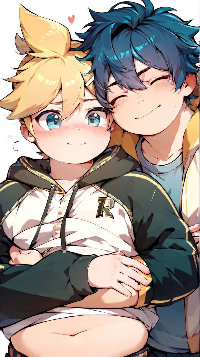  2boys, (yaoi couple), (male ren), (duo focus), hugging each other, Break, Kagamine Len, cute, hoodie, chubby body, belly button exposed, face blushed, embarrassed smile, Break, blue hair color, baseball jacket, round cheek