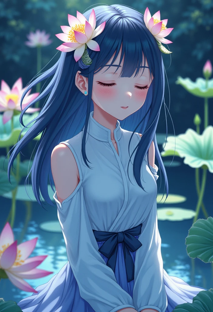 Beautiful girl closing her eyes at lotus pond,  long black hair ,  high image quality, masterpiece, manga anime, 