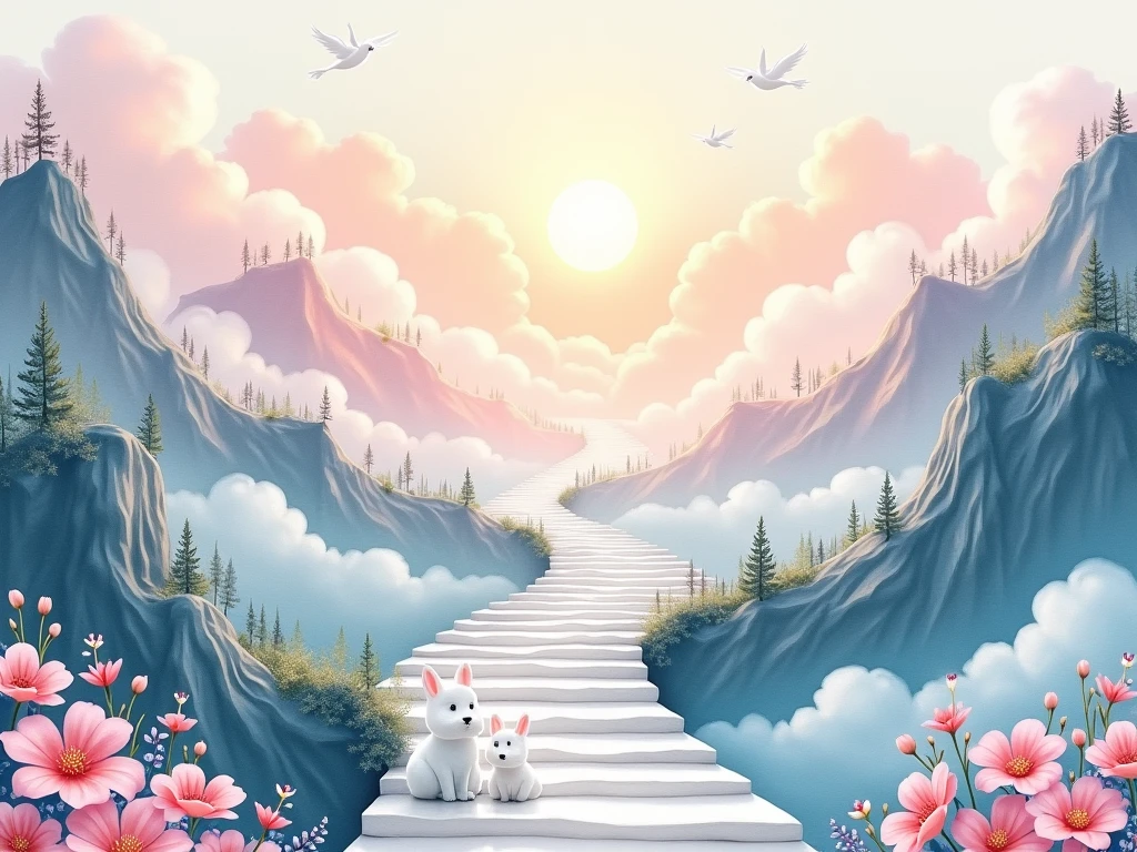 Water Color on paper
White, light pink and light Blue
They are like heaven, in the middle is a staircase made of clay. On the side there are mountains, have waterfall, interspersed with trees, and steep cliffs in the right side of picture.
In the left side have mountian with beautiful flowers,

 Stairs ascend to the cloud-covered sky. White Rabbit sit on staits. The sun shines brightly. middle through the clouds Above the sky, there are angels and angels ,Soft Lighting, Romanticism, 