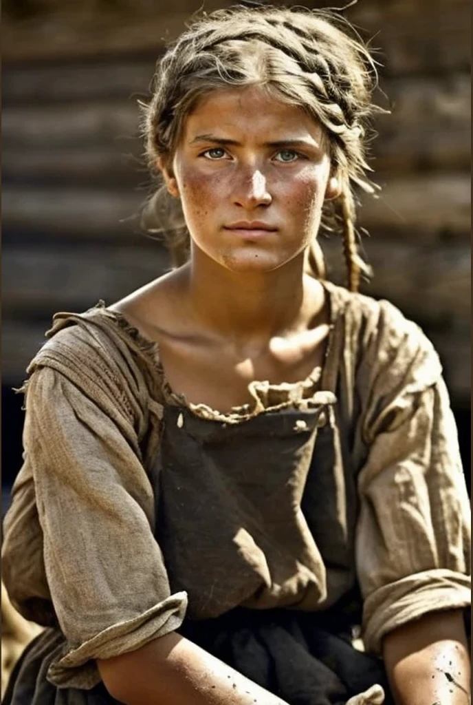 A Roman slave on a farm is a beautiful girl with regular facial features, sweaty, tanned, not washed, dressed in a very short tattered burlap tunic without sleeves,with slits on the hips, barefoot, a slave collar around her neck, thick hair tied in a ponytail, carries a basket of livestock feed, depraved, sensual many details high texture of clothes, bodies, hyperrealism against the background of the rural landscape of southern Italy