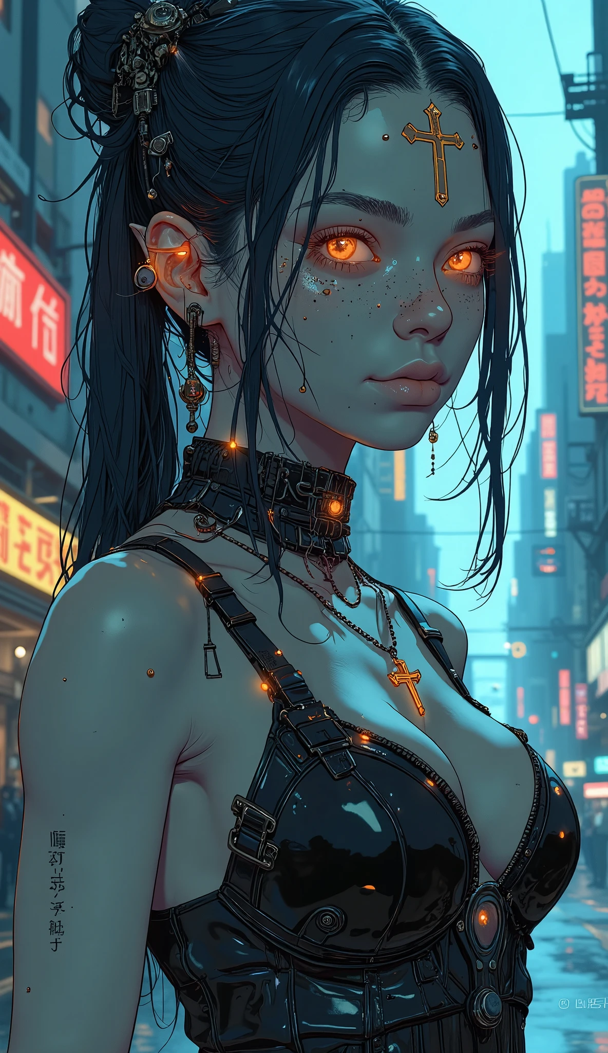 a curvy gothic girl, large breasts, slim waist, neon latex, crucifix, cyberpunk city, simple lines, (best quality, masterpiece:1.2), ultra-detailed, (realistic, photo-realistic:1.37), vivid colors, HDR, studio lighting, ultra-fine painting, sharp focus, physically-based rendering, extreme detail description, professional, anime style, photorealistic, bokeh, chiaroscuro, cinematic lighting, Fujicolor, 4k, 8k, highres, UHD, UHD, retina, masterpiece, accurate, anatomically correct, textured skin, super detail, high details, high quality, award winning, best quality, highres, 1080P, HD, 16k