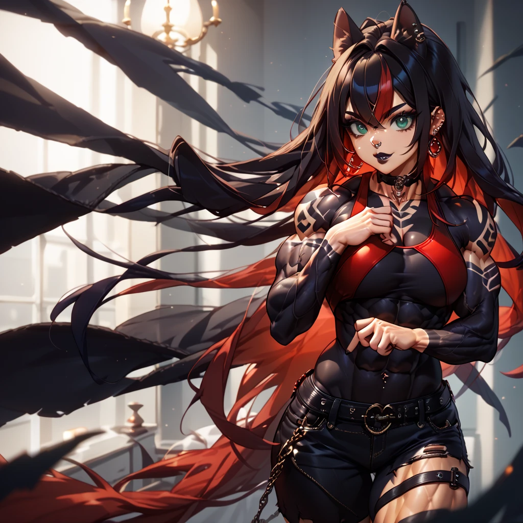 Walk in an apocalypse setting, [Best quality, shaded, extreme details, very detailed, ultra detailed, complex, realistic, perfect face], fenrir woman, thick fur, long hair, (red colored fur), almond eyes, smile discreet, serene face, wears a brooch around his neck.