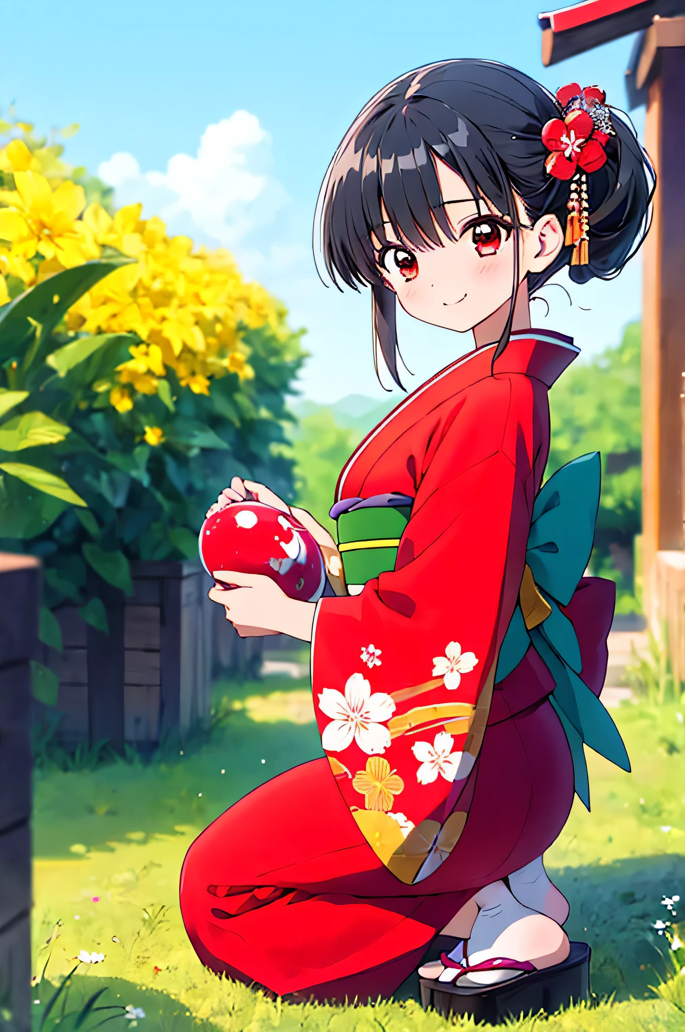 1 girl , Shiny Black Hair , long straight hair ,
cheek bulge for intermediates,
red eyes,( Oblique eyes :1.1),( I have a big mole under my left eye:0.8),
full body photo,
A perfect smile,
Japanese Kimono,
medium breasts ,
(:1.1),
shrine,
top quality, high definition , sharp concentration , masterpiece , brightly colored , Natural Look ,
Accurate, 解剖学的にAccurate,