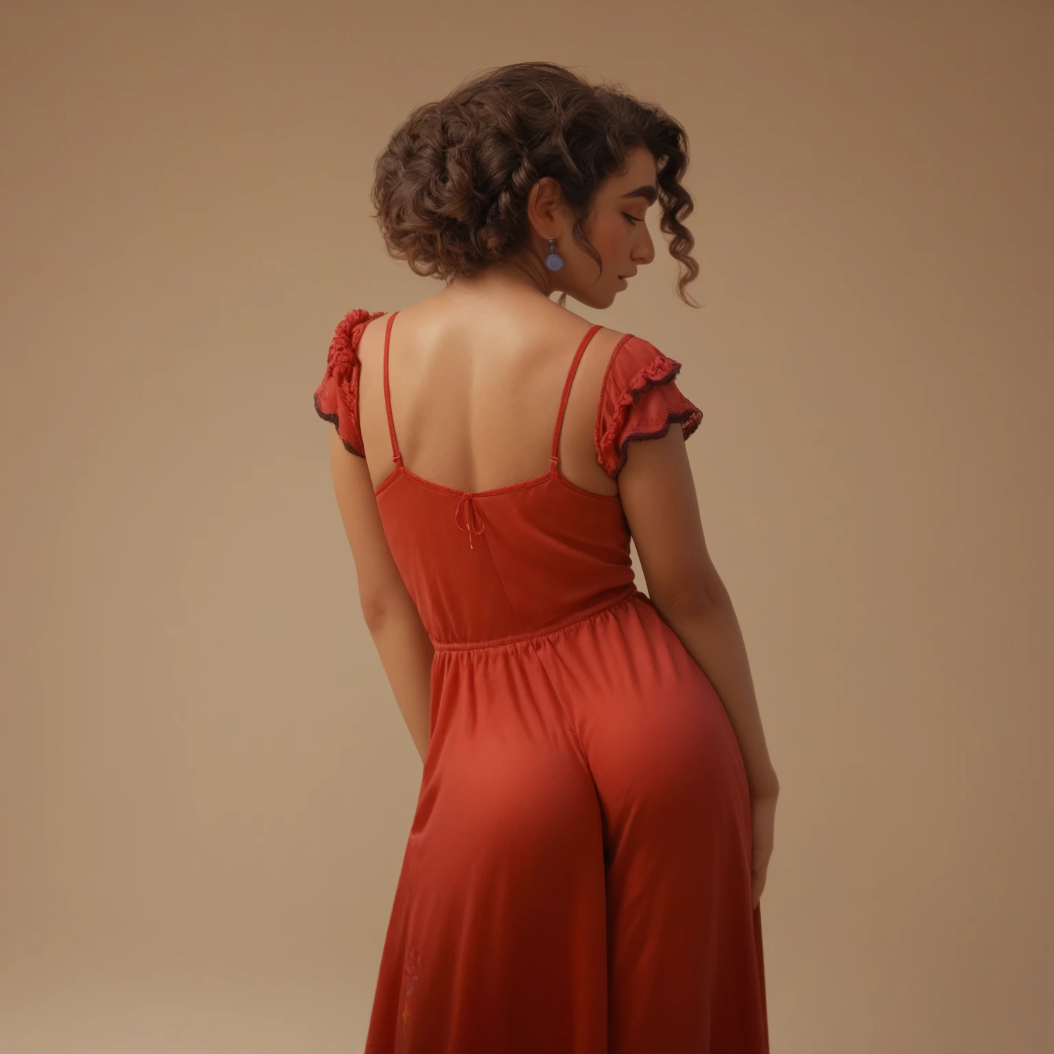 Mirabel, standing,  on the back showing off her ass, In a red nightgown