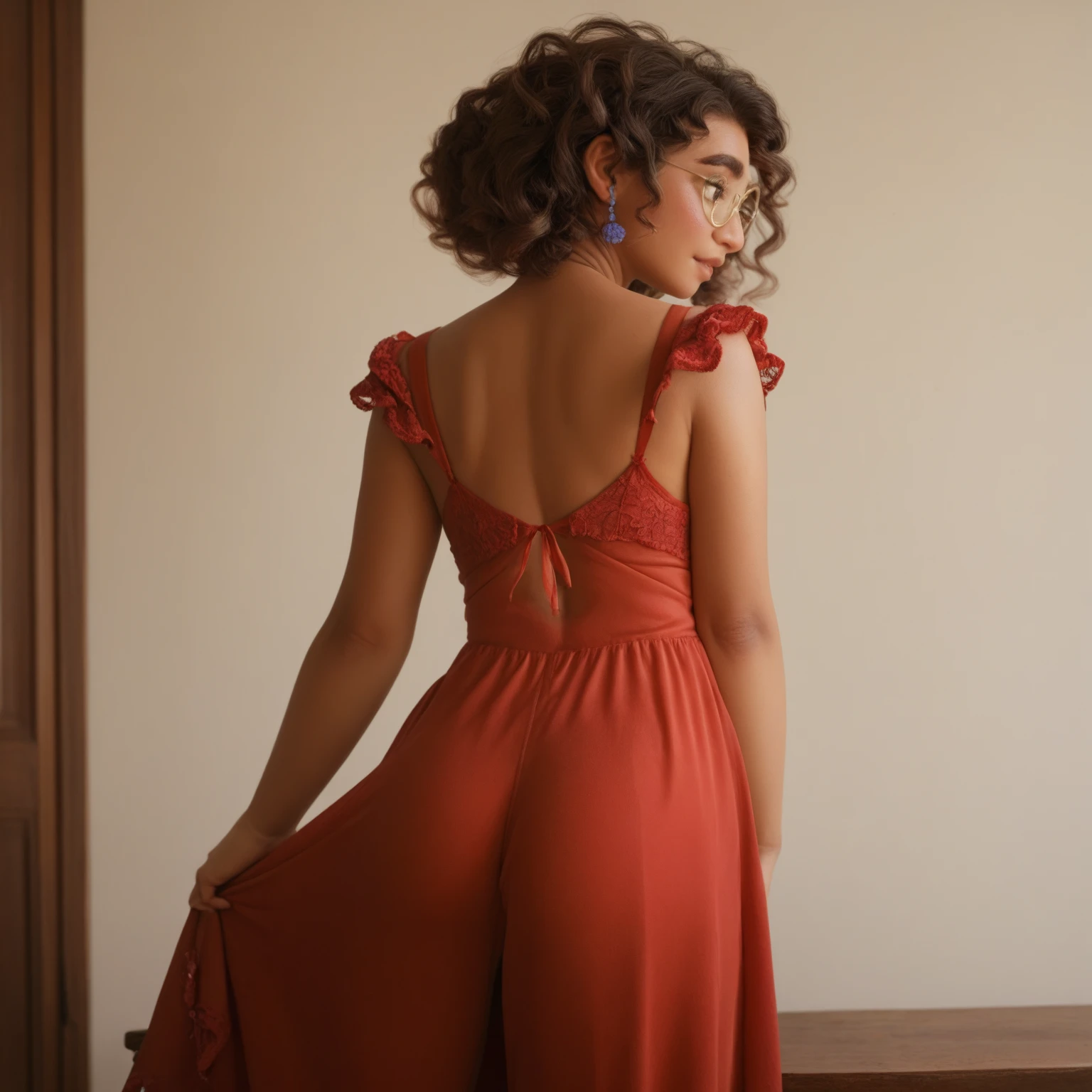 Mirabel, standing,  on the back showing off her ass, In a red nightgown