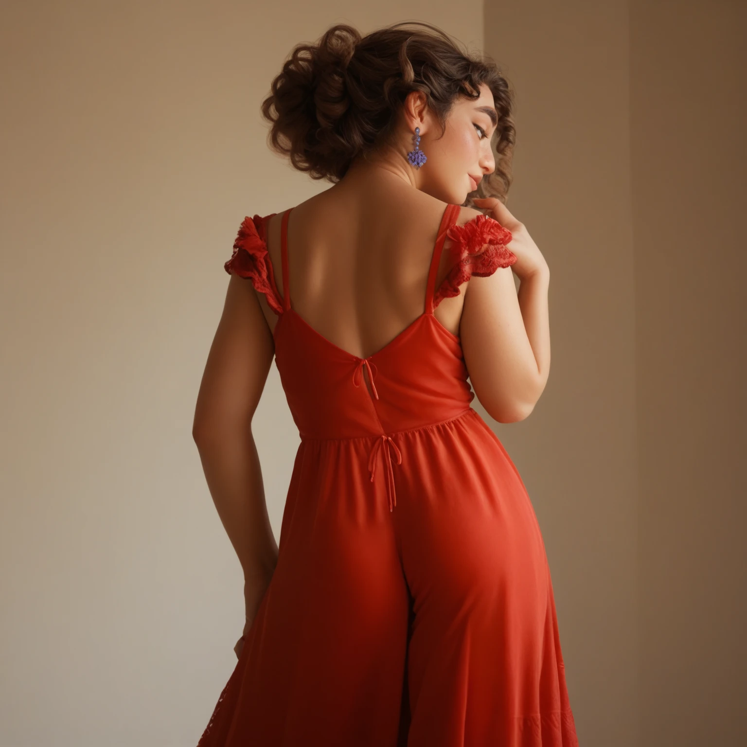 Mirabel, standing,  on the back showing off her ass, In a red nightgown