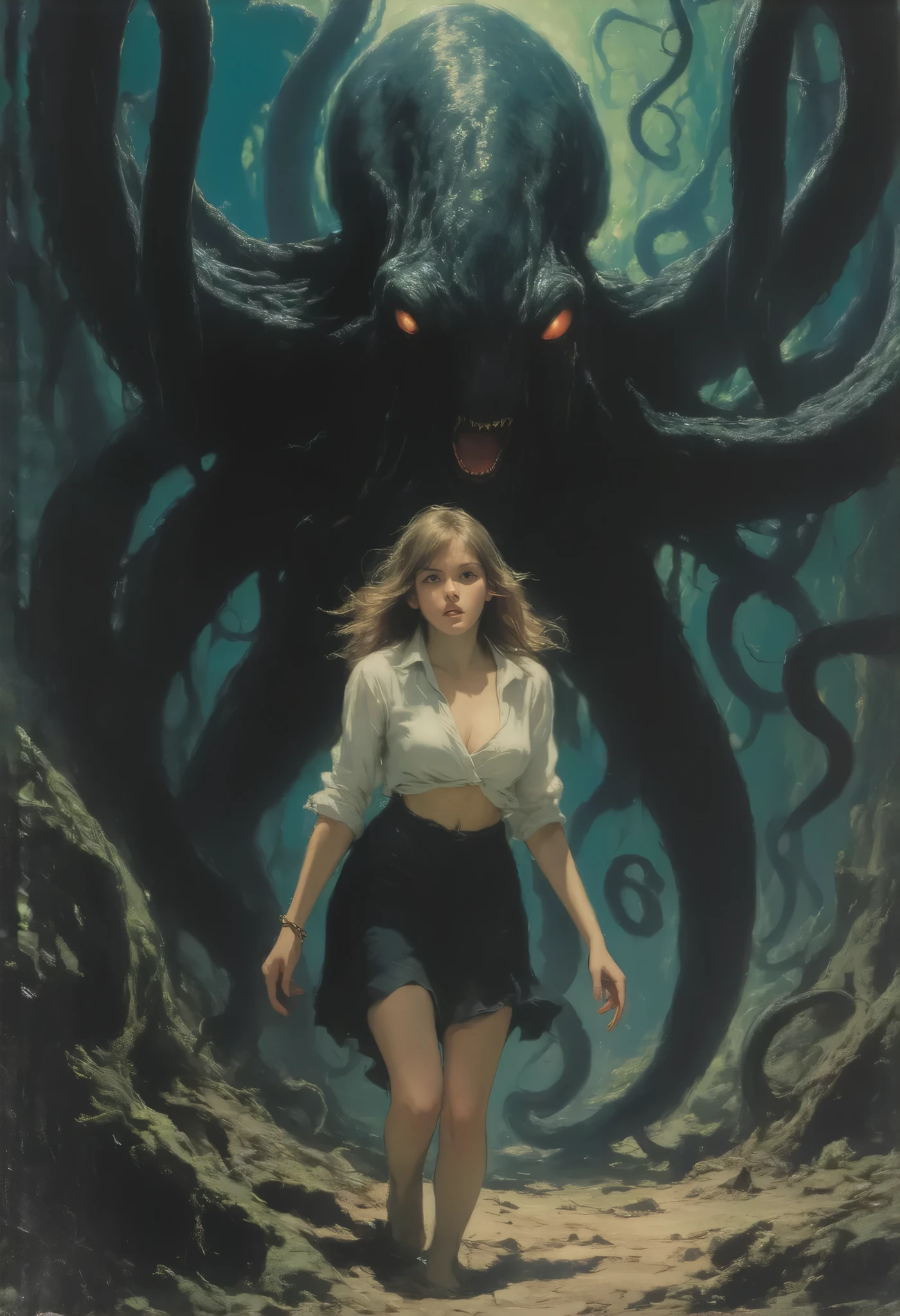 1 girl,hands,captured,hanging breasts, white bra,Tentacles clutching,captured,trying to escape,tentacles like chains on their wrists,shirt,skirt, covered breasts ,deseperada, guilty pleasure ,Mijillas Rojas , forced breathing , forcing to escape,octopus tentacle,Giant alien octopus