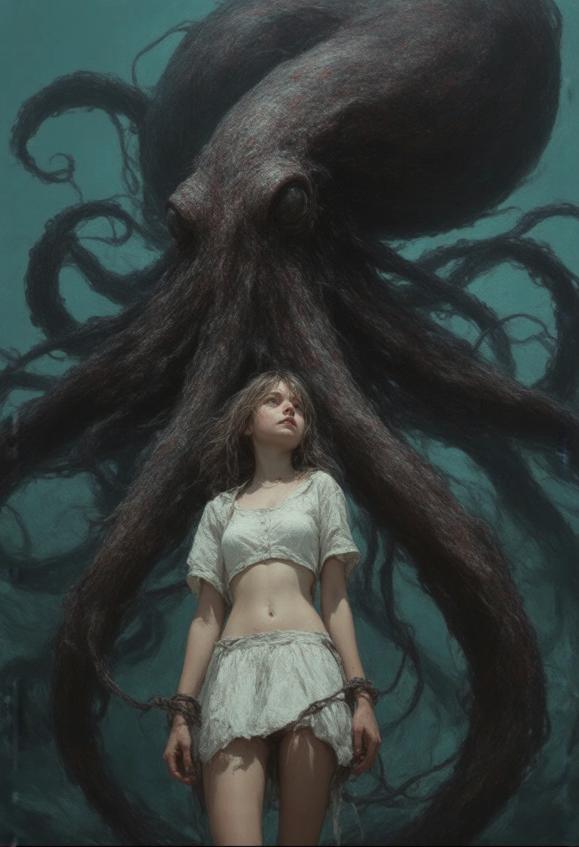 1 girl,hands,captured,hanging breasts, white bra,Tentacles clutching,captured,trying to escape,tentacles like chains on their wrists,shirt,skirt, covered breasts ,deseperada, guilty pleasure ,Mijillas Rojas , forced breathing , forcing to escape,octopus tentacle,Giant alien octopus